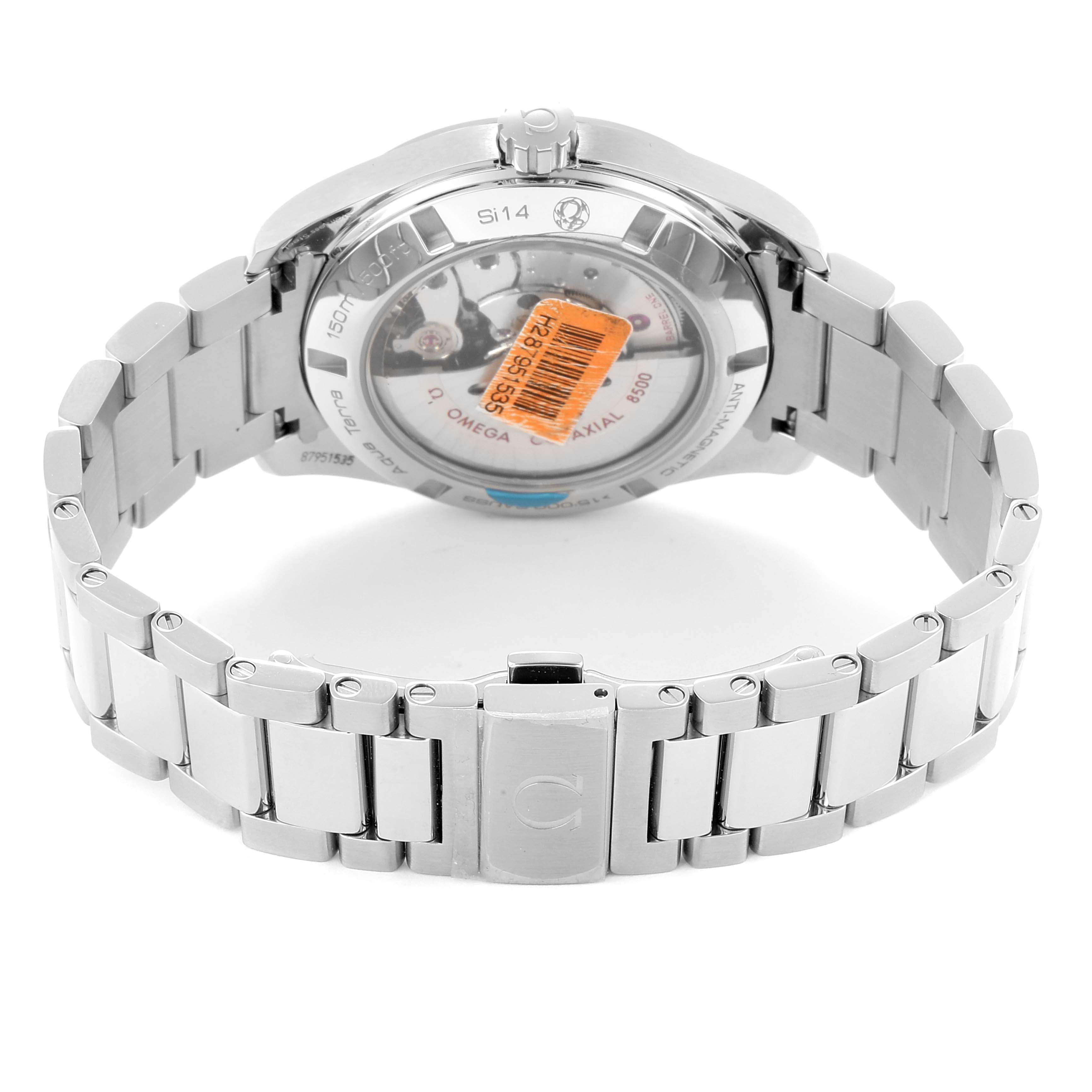 The image shows the back view of the Omega Aqua Terra 231.10.42.21.01.006 Men
s Stainless Steel Black Dial 231.10.42.21.01.006 Men
s Stainless Steel Black Dial watch, highlighting the stainless steel bracelet and case back.