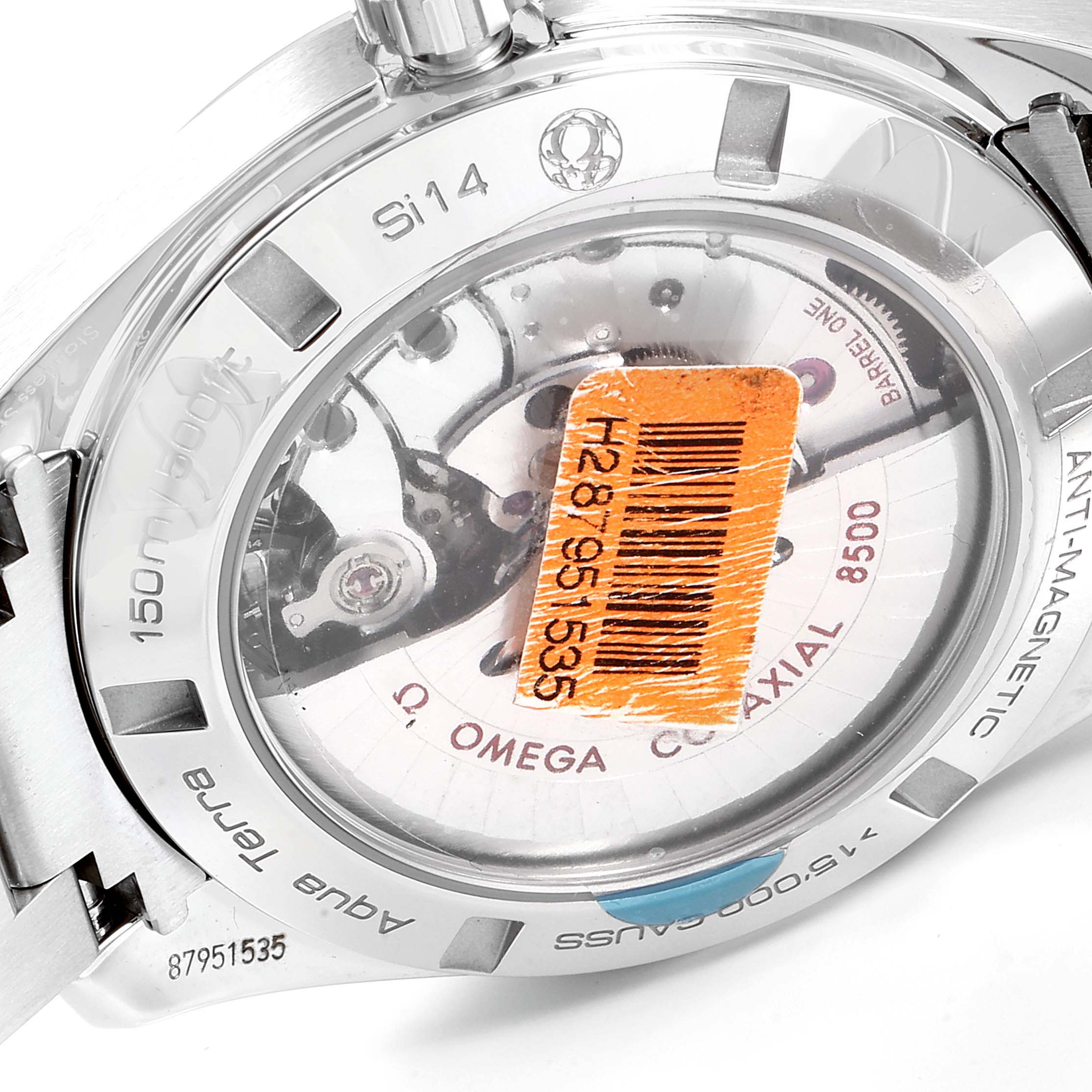 The image shows the back side of the Omega Aqua Terra 231.10.42.21.01.006 Men
s Stainless Steel Black Dial 231.10.42.21.01.006 Men
s Stainless Steel Black Dial watch, highlighting its Co-Axial 8500 movement and "150m/500ft" water resistance.