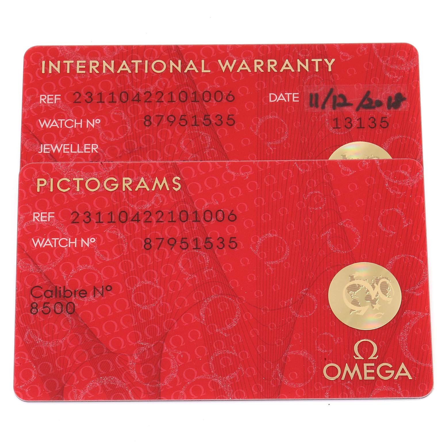 This image shows the international warranty and pictogram cards for an Omega Aqua Terra 231.10.42.21.01.006 Men
s Stainless Steel Black Dial 231.10.42.21.01.006 Men
s Stainless Steel Black Dial watch, detailing its reference number and calibre.