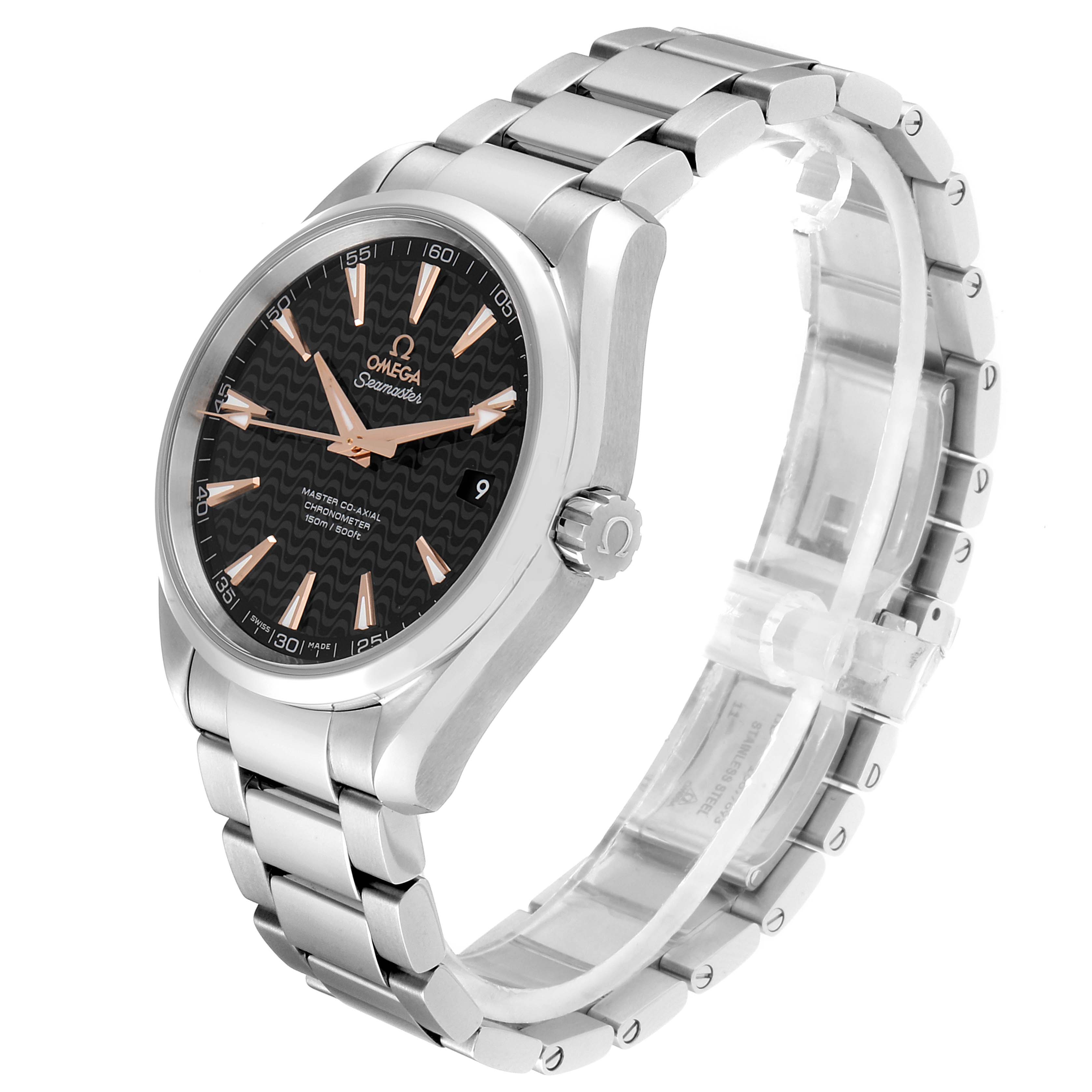 The image shows a side-angle view of the Aqua Terra model by Omega, highlighting the watch
s face, crown, and bracelet.