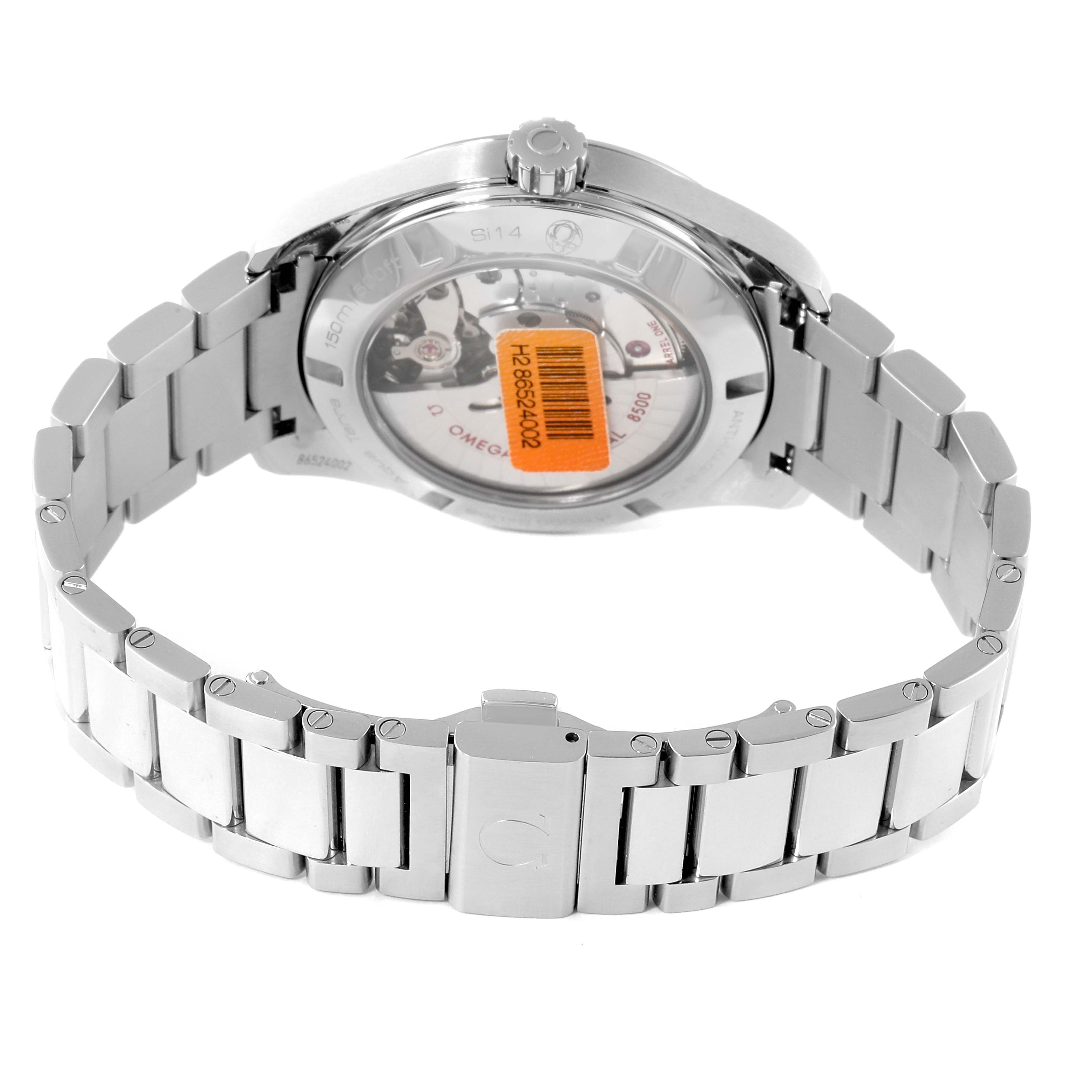 The image shows the back view of the Omega Aqua Terra 231.10.42.21.03.006 Men
s Stainless Steel Blue Dial 231.10.42.21.03.006 Men
s Stainless Steel Blue Dial model, highlighting the bracelet and case back.