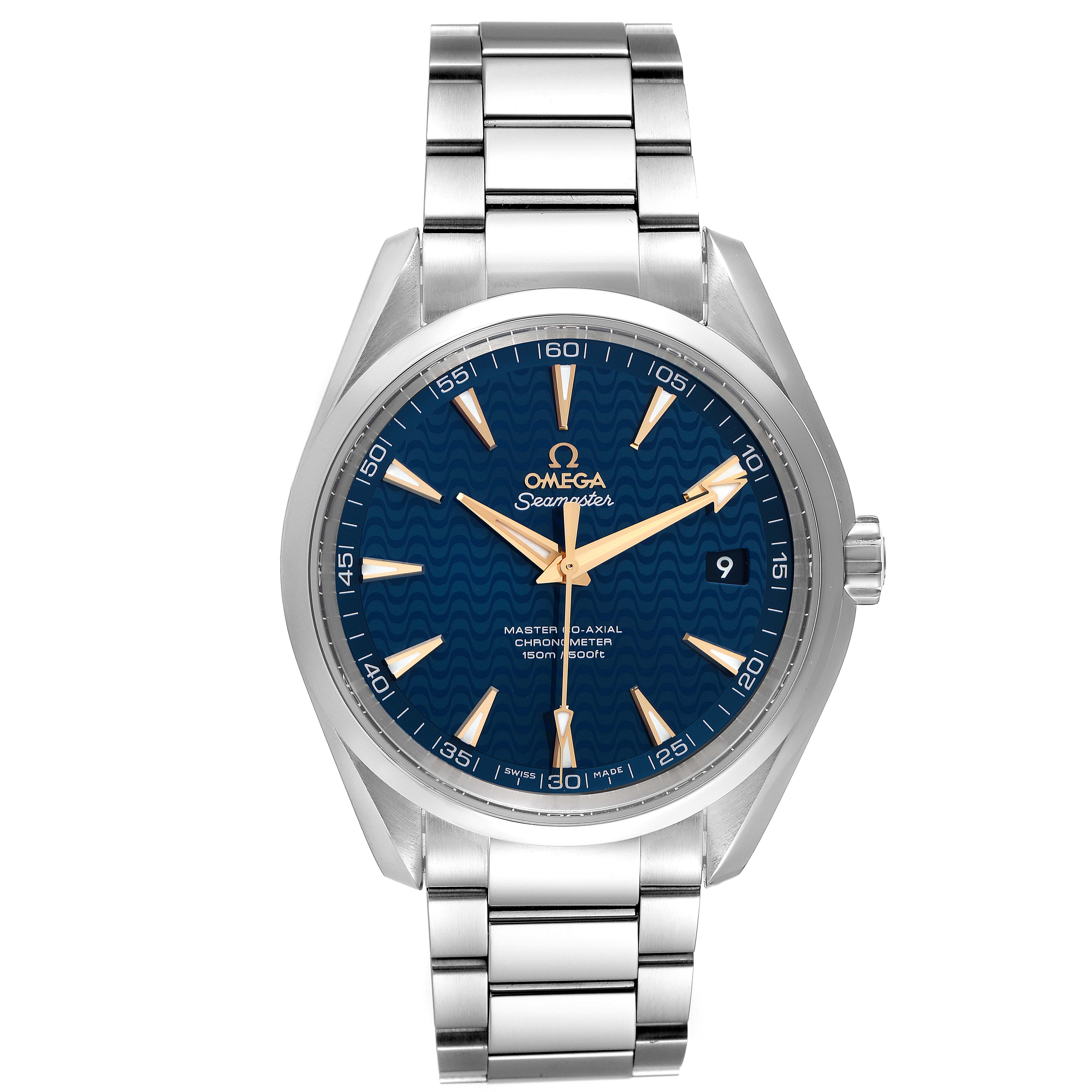 The image shows a frontal view of the Omega Aqua Terra 231.10.42.21.03.006 Men
s Stainless Steel Blue Dial 231.10.42.21.03.006 Men
s Stainless Steel Blue Dial watch, displaying the face, crown, and metal bracelet.