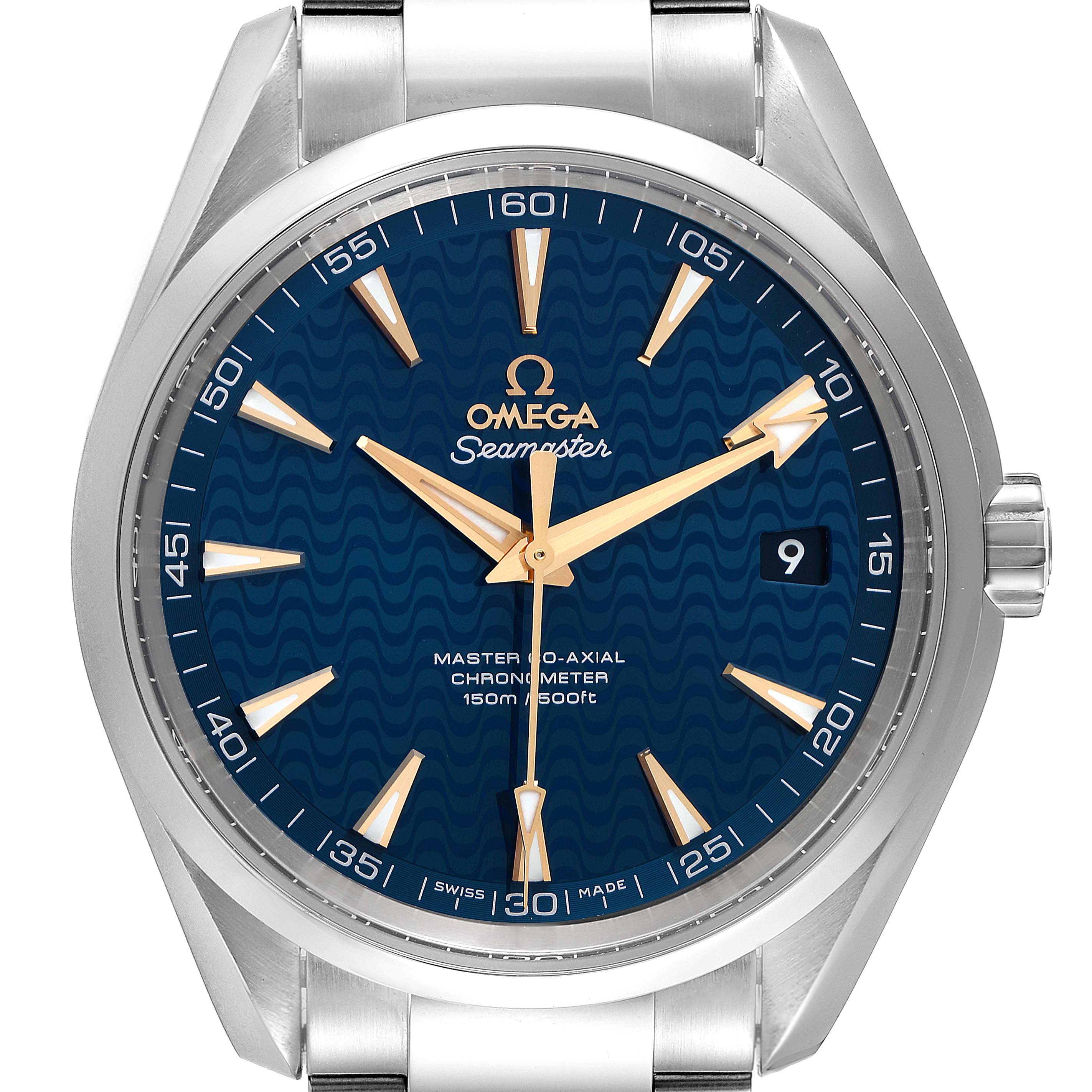 The Omega Aqua Terra 231.10.42.21.03.006 Men
s Stainless Steel Blue Dial 231.10.42.21.03.006 Men
s Stainless Steel Blue Dial watch is shown from a front angle, highlighting its blue dial, gold indices, and stainless steel case and bracelet.