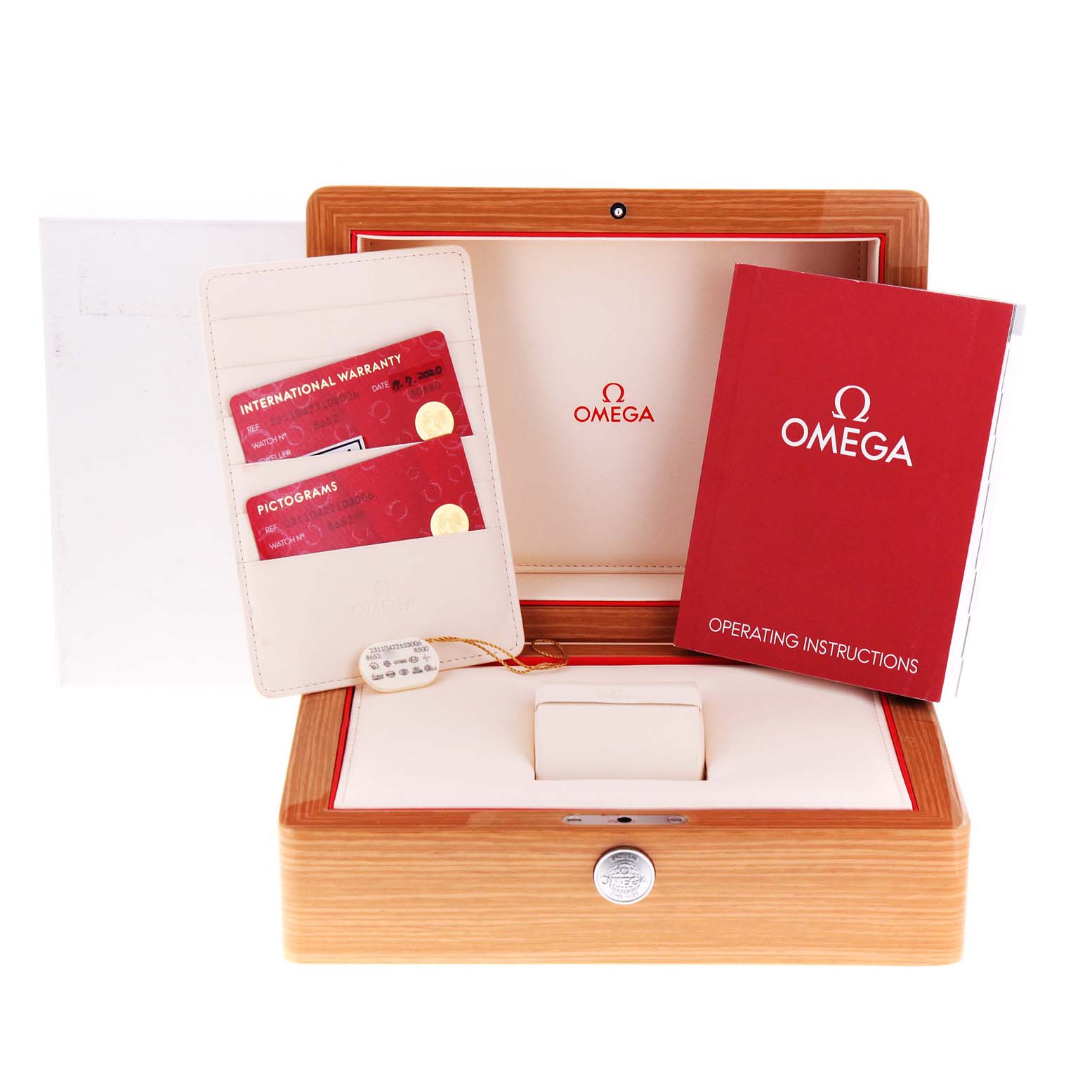 The image shows the Omega Aqua Terra 231.10.42.21.03.006 Men
s Stainless Steel Blue Dial 231.10.42.21.03.006 Men
s Stainless Steel Blue Dial watch box, international warranty cards, a cardholder, and the operating instructions manual.