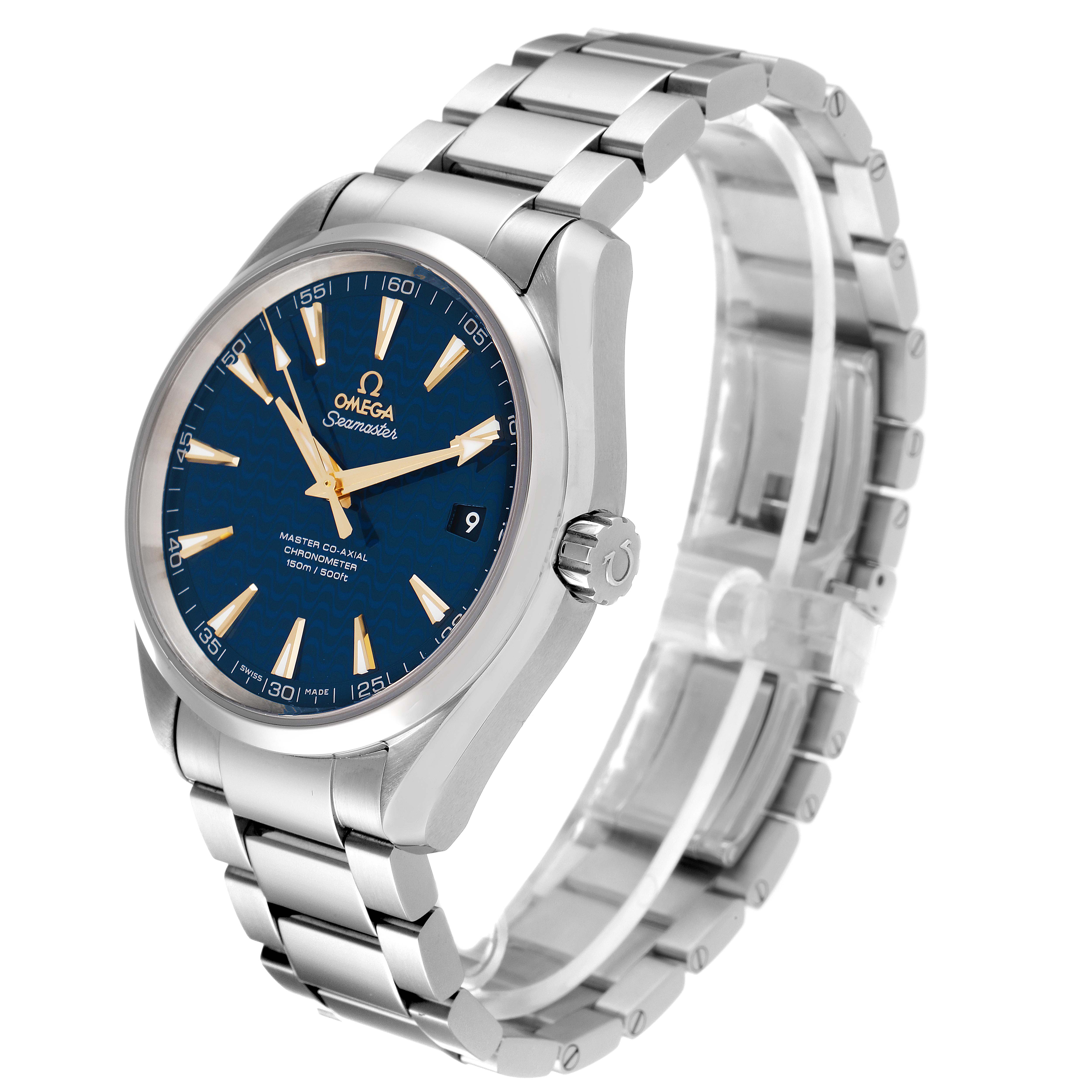 This image shows a side angle of the Omega Aqua Terra 231.10.42.21.03.006 Men
s Stainless Steel Blue Dial 231.10.42.21.03.006 Men
s Stainless Steel Blue Dial watch, highlighting its blue dial, metal bracelet, and crown.