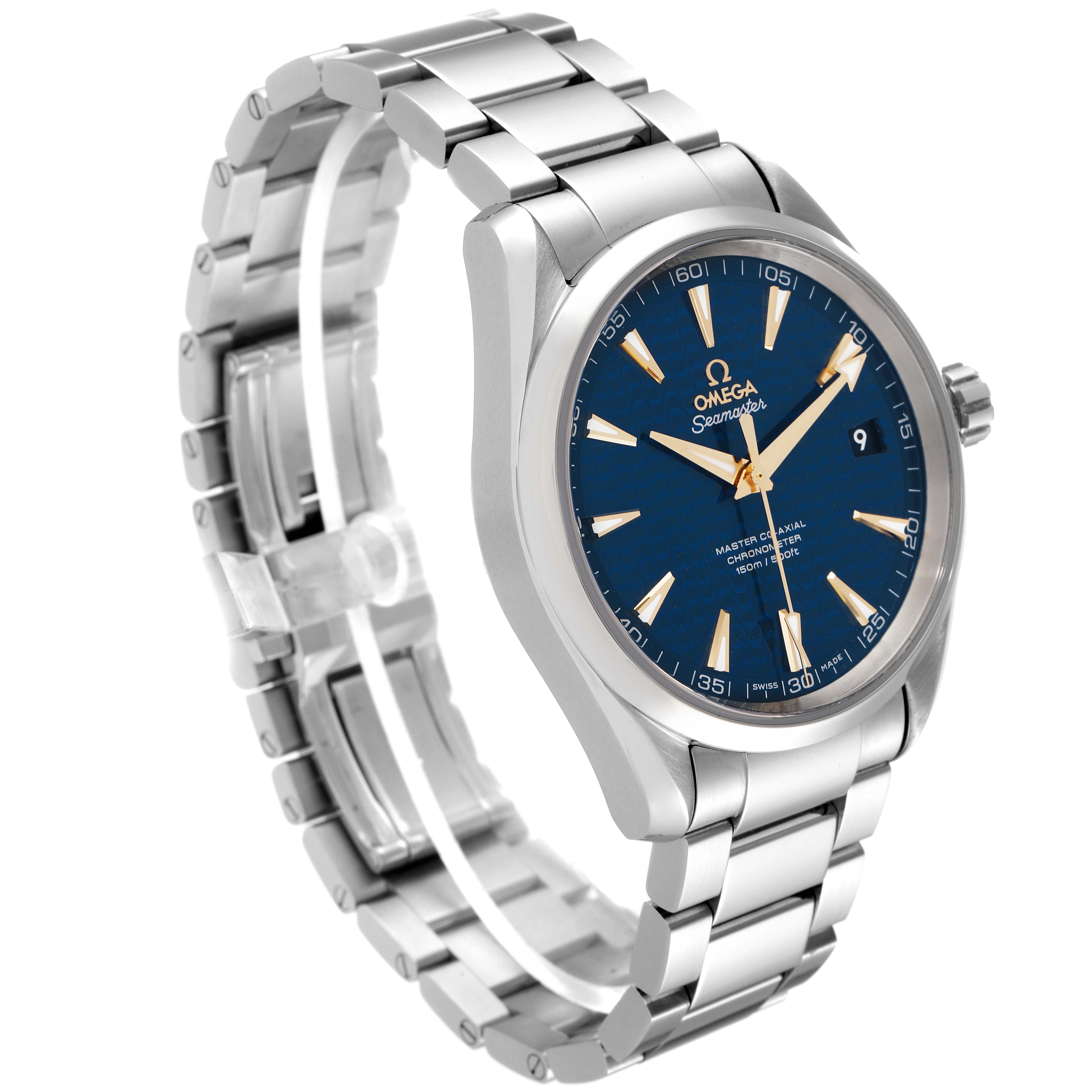 The Omega Aqua Terra 231.10.42.21.03.006 Men
s Stainless Steel Blue Dial 231.10.42.21.03.006 Men
s Stainless Steel Blue Dial watch is shown at an angled view, highlighting its blue dial, stainless steel case, and bracelet.
