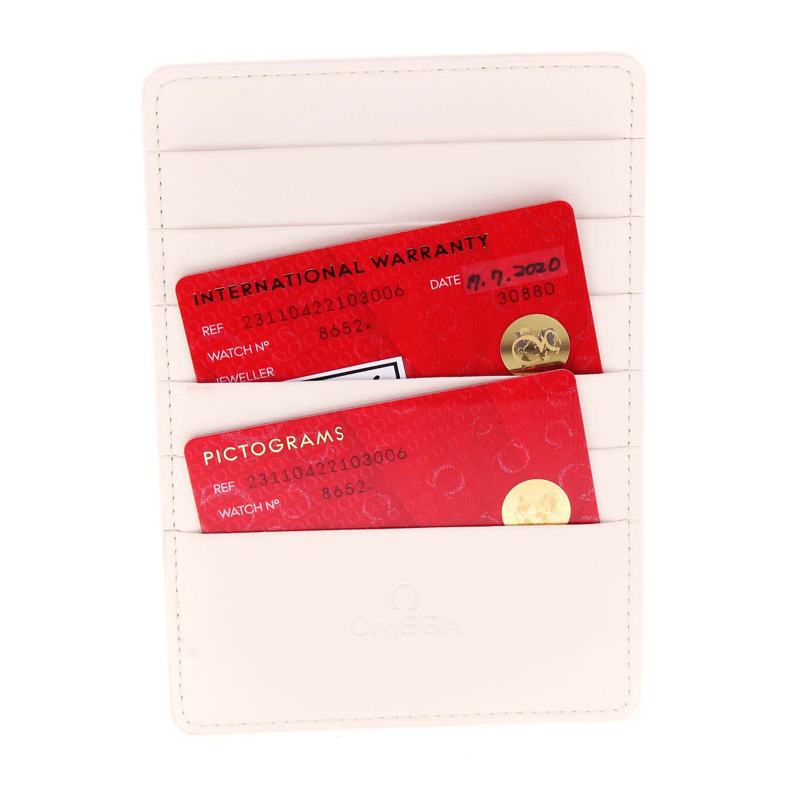 This image shows the warranty and pictogram cards for the Omega Aqua Terra 231.10.42.21.03.006 Men
s Stainless Steel Blue Dial 231.10.42.21.03.006 Men
s Stainless Steel Blue Dial watch in a white cardholder.