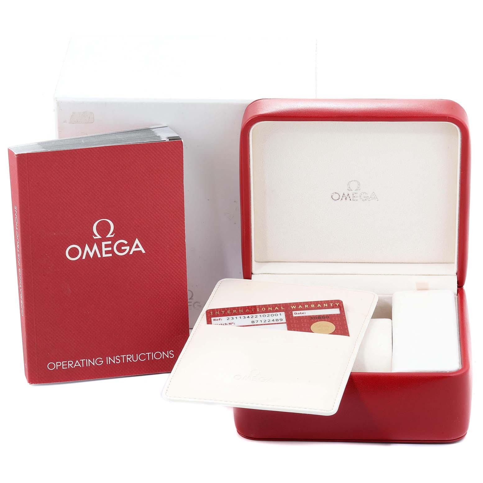 The image shows the Omega Aqua Terra 231.13.42.21.02.001  Men
s Stainless Steel Silver Dial 231.13.42.21.02.001  Men
s Stainless Steel Silver Dial watch box, instruction manual, warranty card, and packaging from a front angle.