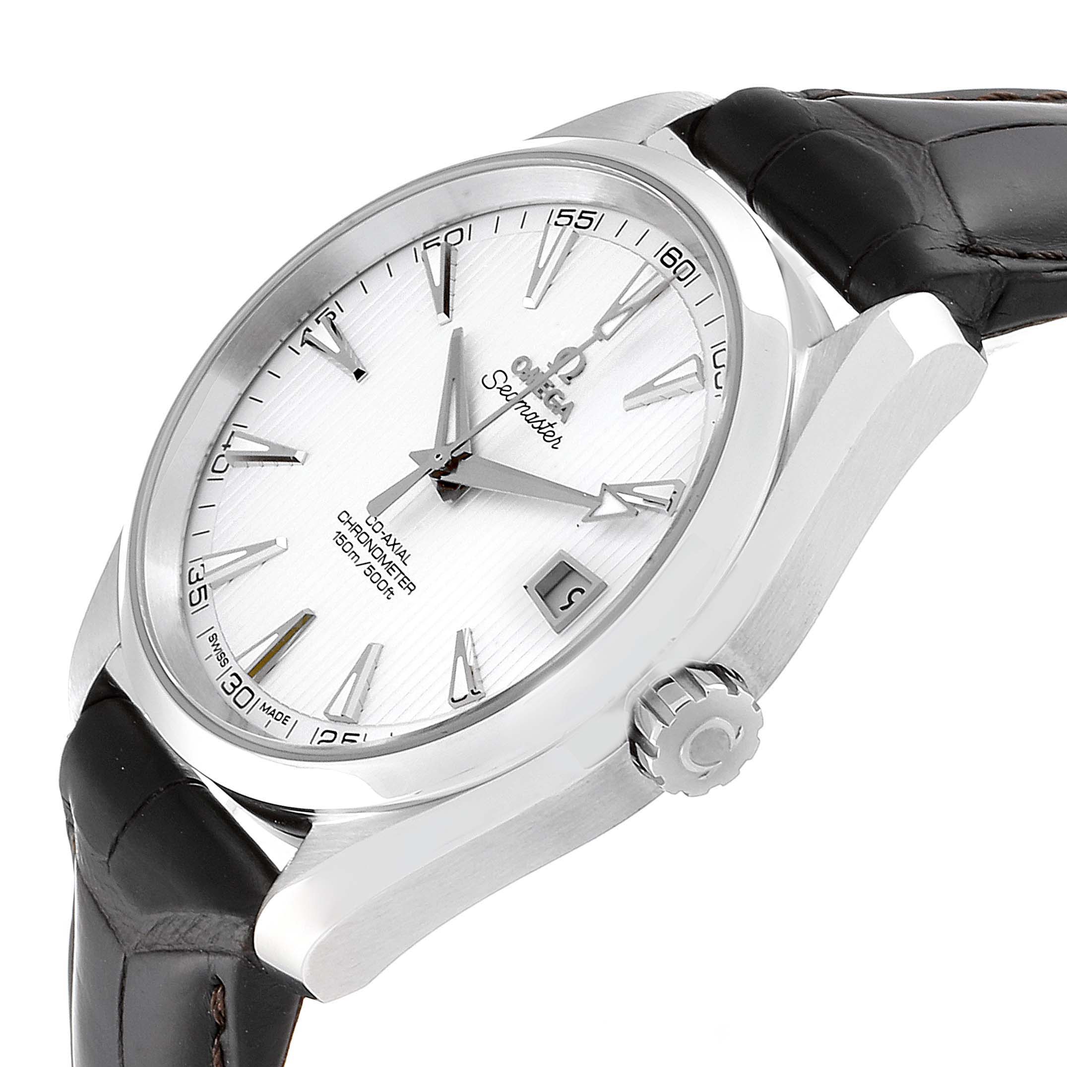 The Omega Aqua Terra 231.13.42.21.02.001  Men
s Stainless Steel Silver Dial 231.13.42.21.02.001  Men
s Stainless Steel Silver Dial watch is viewed at an angle showing the dial, bezel, crown, and part of the leather strap.