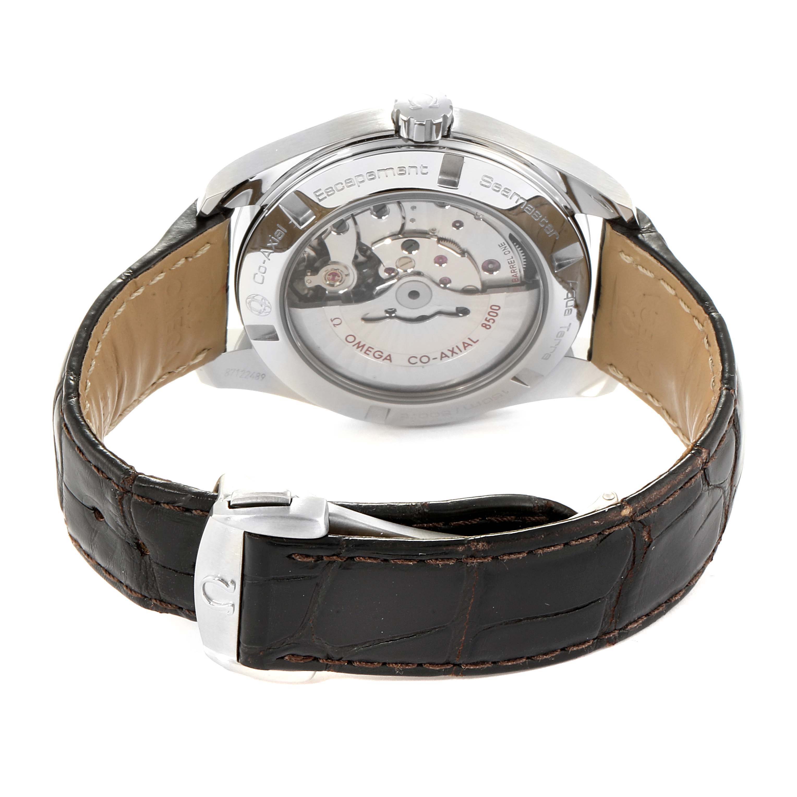 The image shows the back view of an Omega Aqua Terra 231.13.42.21.02.001  Men
s Stainless Steel Silver Dial 231.13.42.21.02.001  Men
s Stainless Steel Silver Dial watch, highlighting its transparent case back and leather strap.