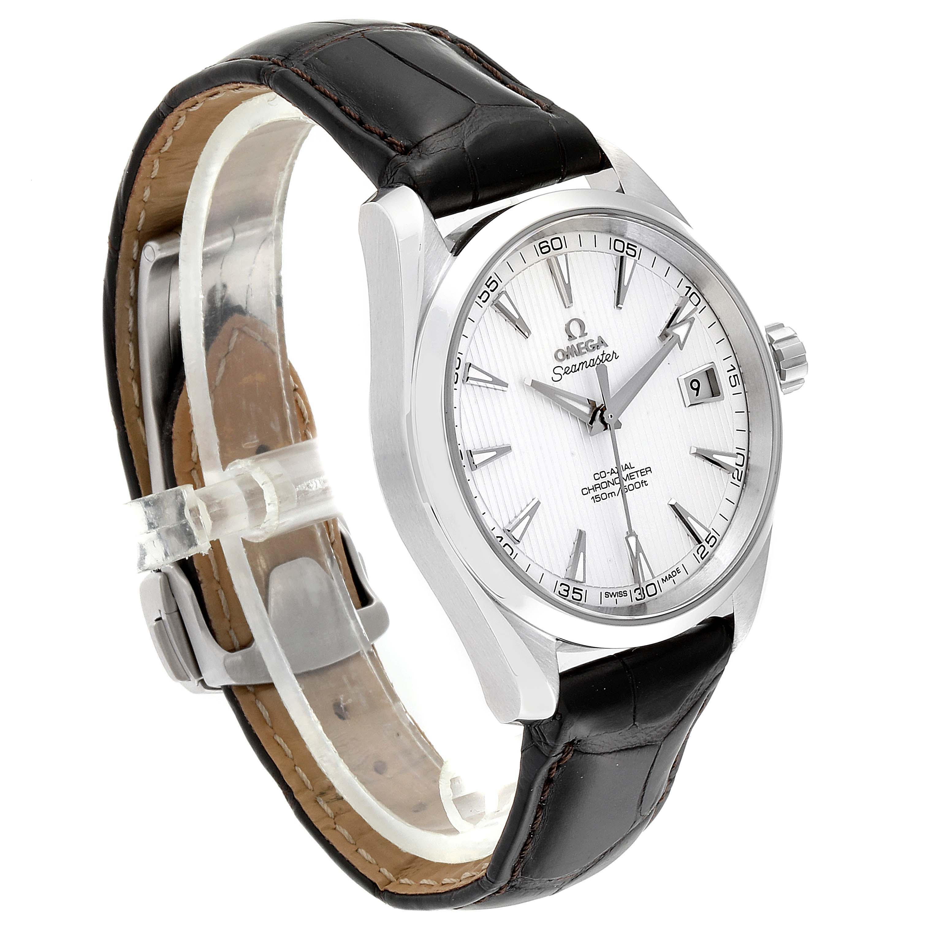 The Omega Aqua Terra 231.13.42.21.02.001  Men
s Stainless Steel Silver Dial 231.13.42.21.02.001  Men
s Stainless Steel Silver Dial watch is shown at an angled side view, revealing the face, case, bezel, crown, and strap.