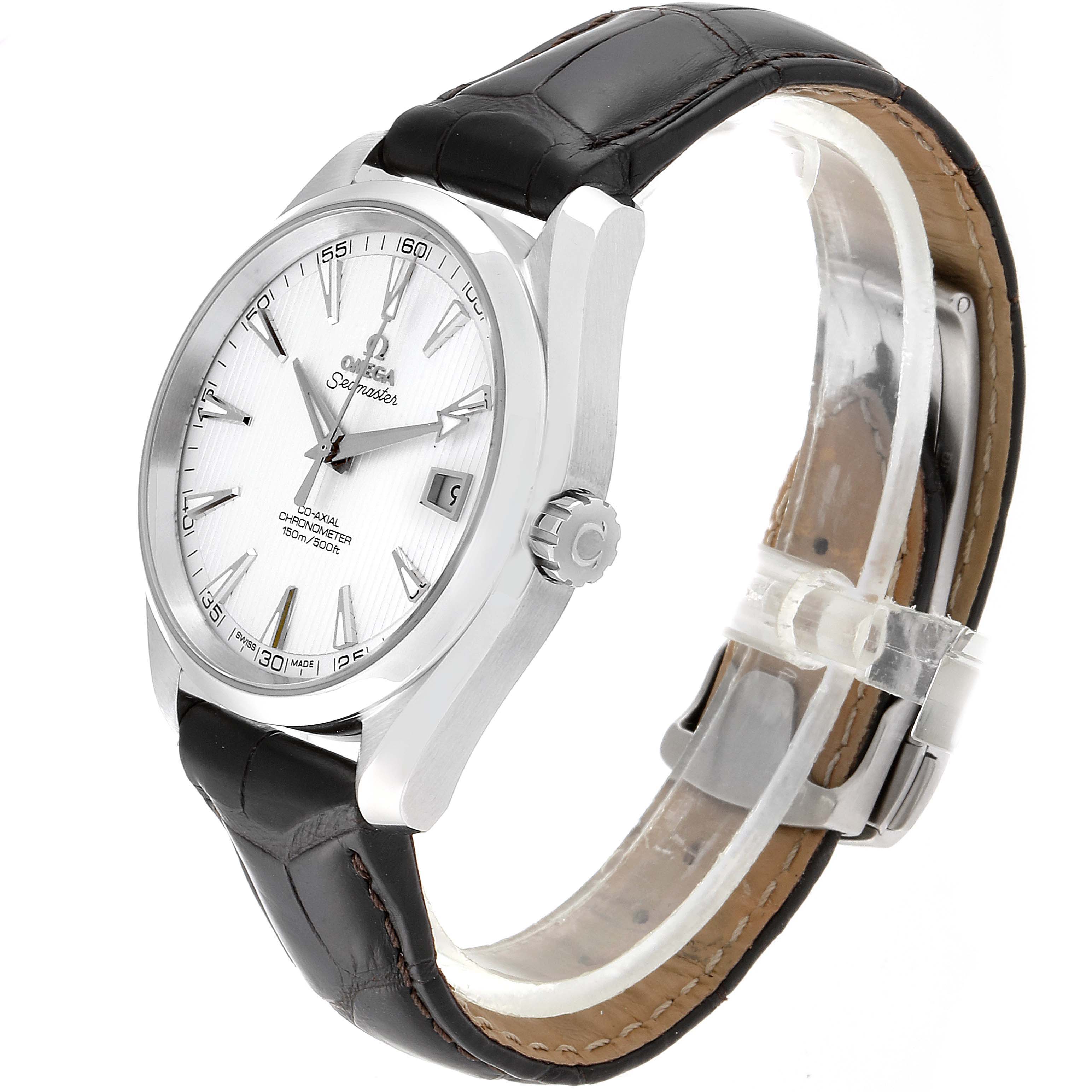 The Omega Aqua Terra 231.13.42.21.02.001  Men
s Stainless Steel Silver Dial 231.13.42.21.02.001  Men
s Stainless Steel Silver Dial watch is shown at a front-side angle, featuring the face, crown, and a black leather strap with buckle.