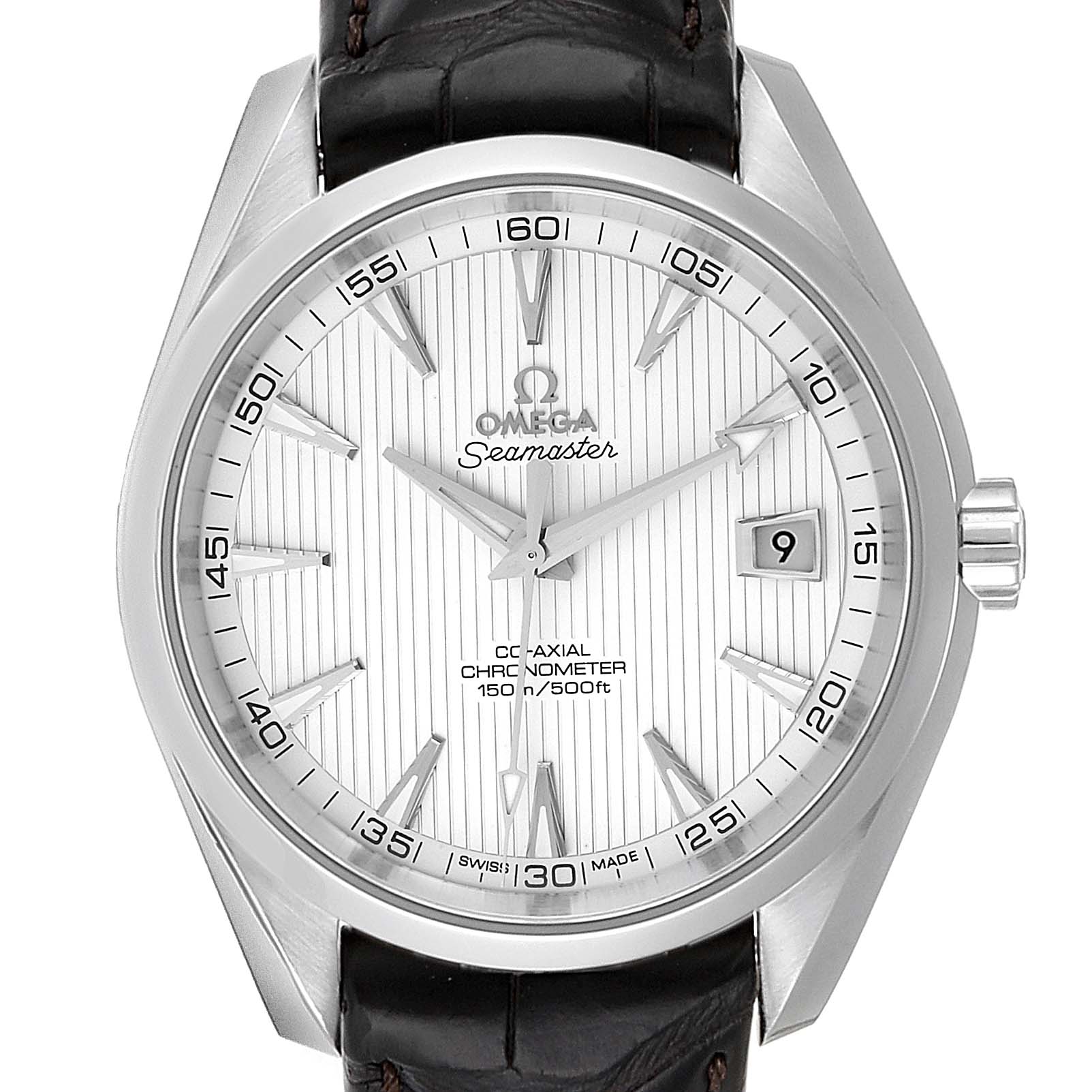 This image shows a front view of the Omega Aqua Terra 231.13.42.21.02.001  Men
s Stainless Steel Silver Dial 231.13.42.21.02.001  Men
s Stainless Steel Silver Dial watch, highlighting the dial, bezel, and part of the leather strap.