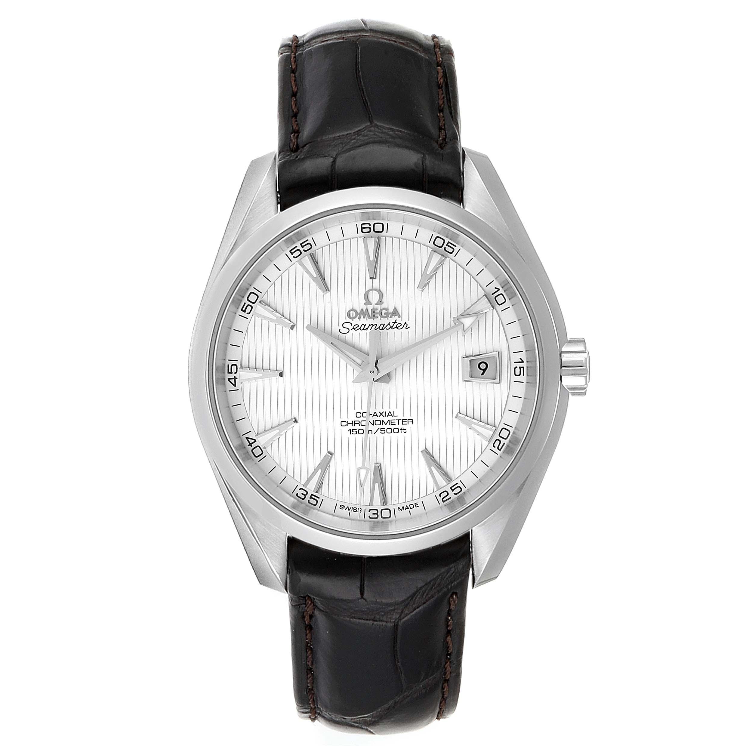 The image shows a front view of the Omega Aqua Terra 231.13.42.21.02.001  Men
s Stainless Steel Silver Dial 231.13.42.21.02.001  Men
s Stainless Steel Silver Dial watch with a black leather strap and silver dial.