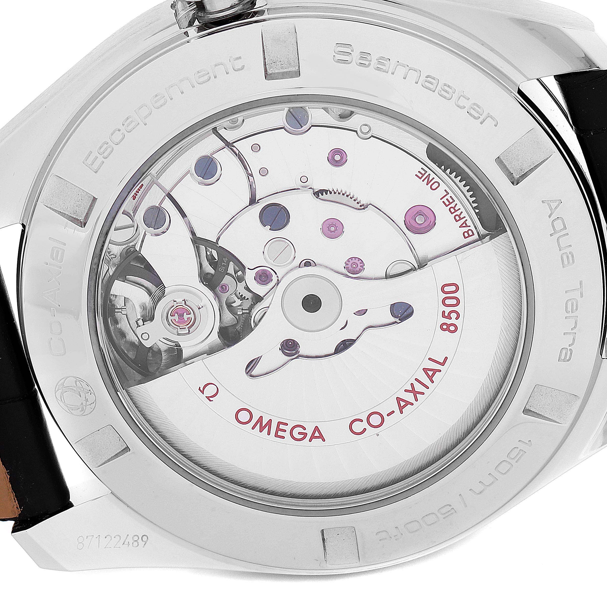 The image shows the back view of the Omega Aqua Terra 231.13.42.21.02.001  Men
s Stainless Steel Silver Dial 231.13.42.21.02.001  Men
s Stainless Steel Silver Dial watch, revealing the Co-Axial 8500 movement.