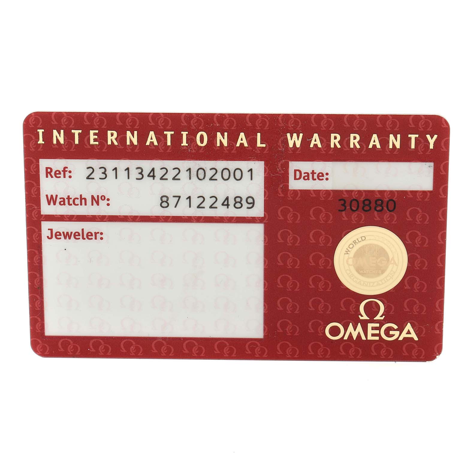 This image shows an International Warranty card for an Omega Aqua Terra 231.13.42.21.02.001  Men
s Stainless Steel Silver Dial 231.13.42.21.02.001  Men
s Stainless Steel Silver Dial watch, displaying reference and serial numbers.