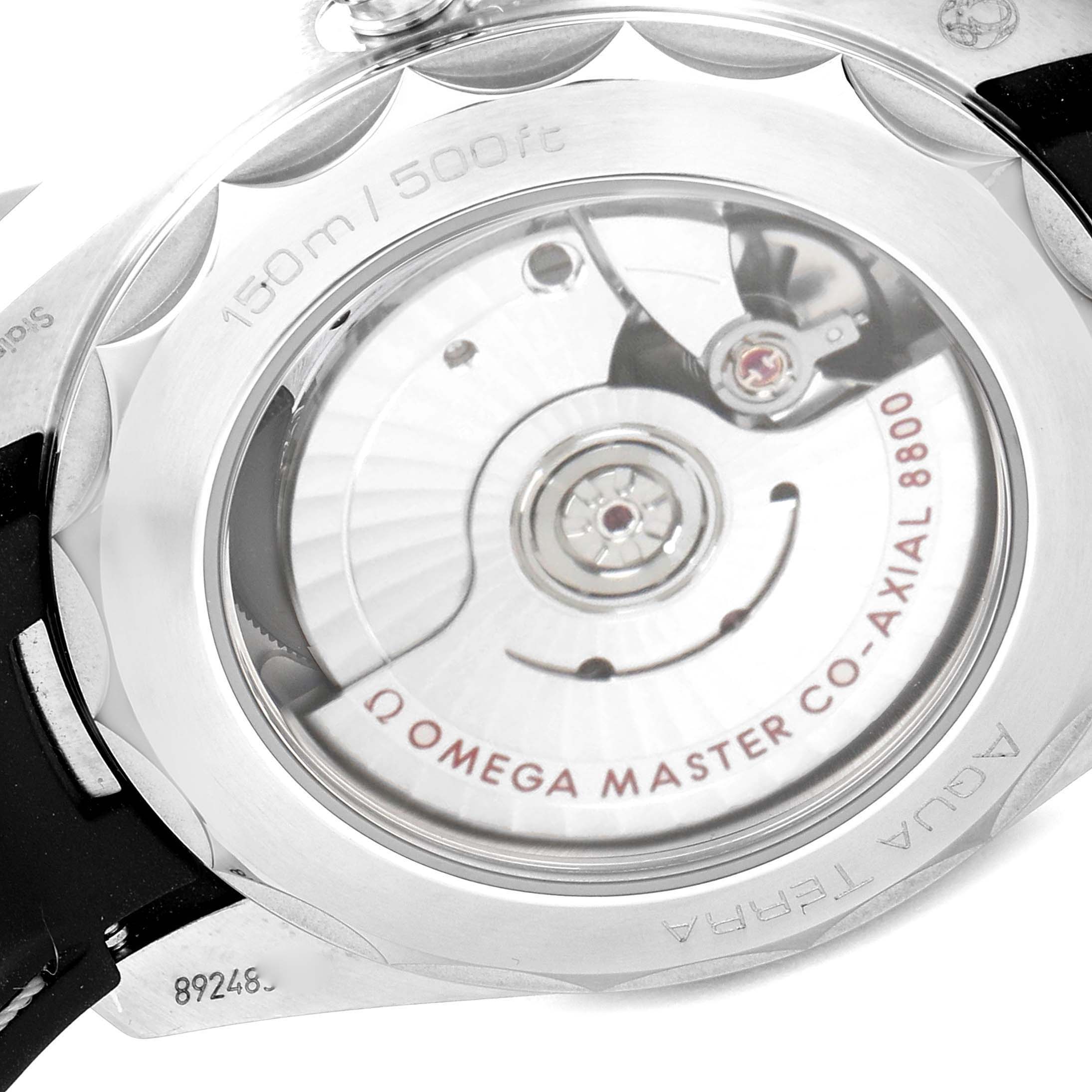 The image shows the back case and movement of the Omega Aqua Terra 220.12.38.20.02.001 Men's Stainless Steel Silver Dial 220.12.38.20.02.001 Men's Stainless Steel Silver Dial watch, highlighting the Omega Master Co-Axial 8800 mechanism.