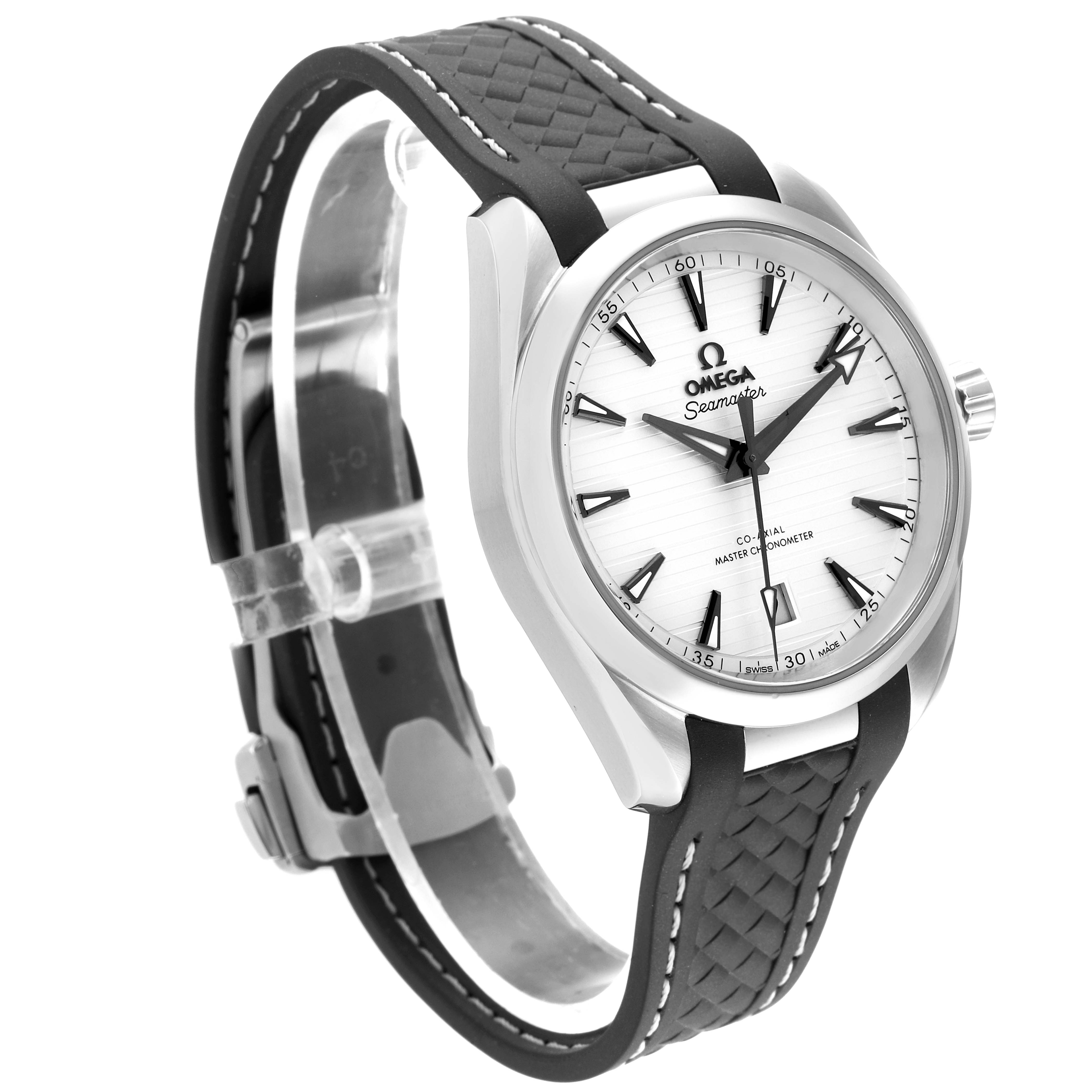 This Omega Aqua Terra 220.12.38.20.02.001 Men's Stainless Steel Silver Dial 220.12.38.20.02.001 Men's Stainless Steel Silver Dial watch is shown at a side angle, displaying the face, case, crown, and part of the strap.