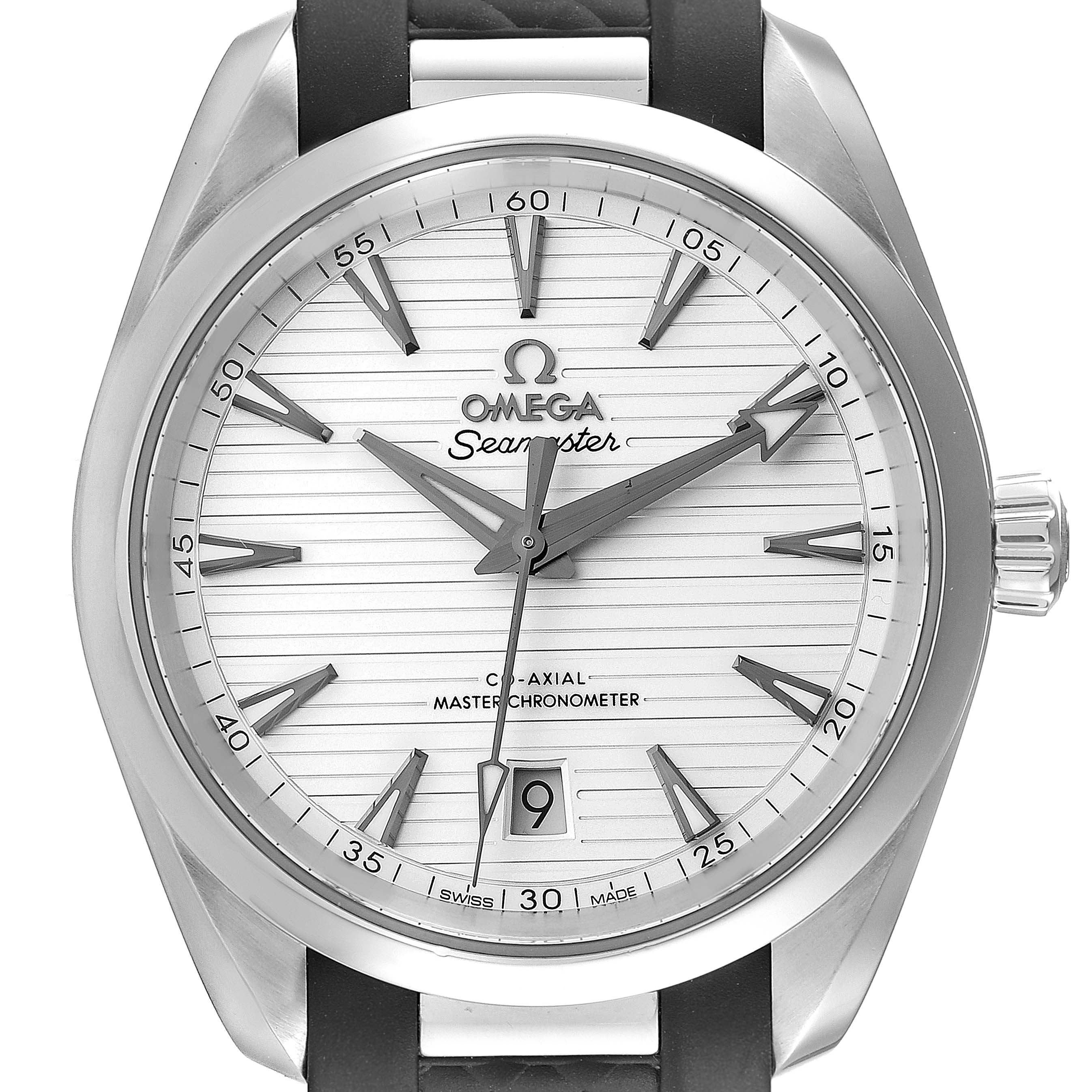 The image shows a front view of the Omega Seamaster Aqua Terra watch, highlighting its dial, hands, and strap.