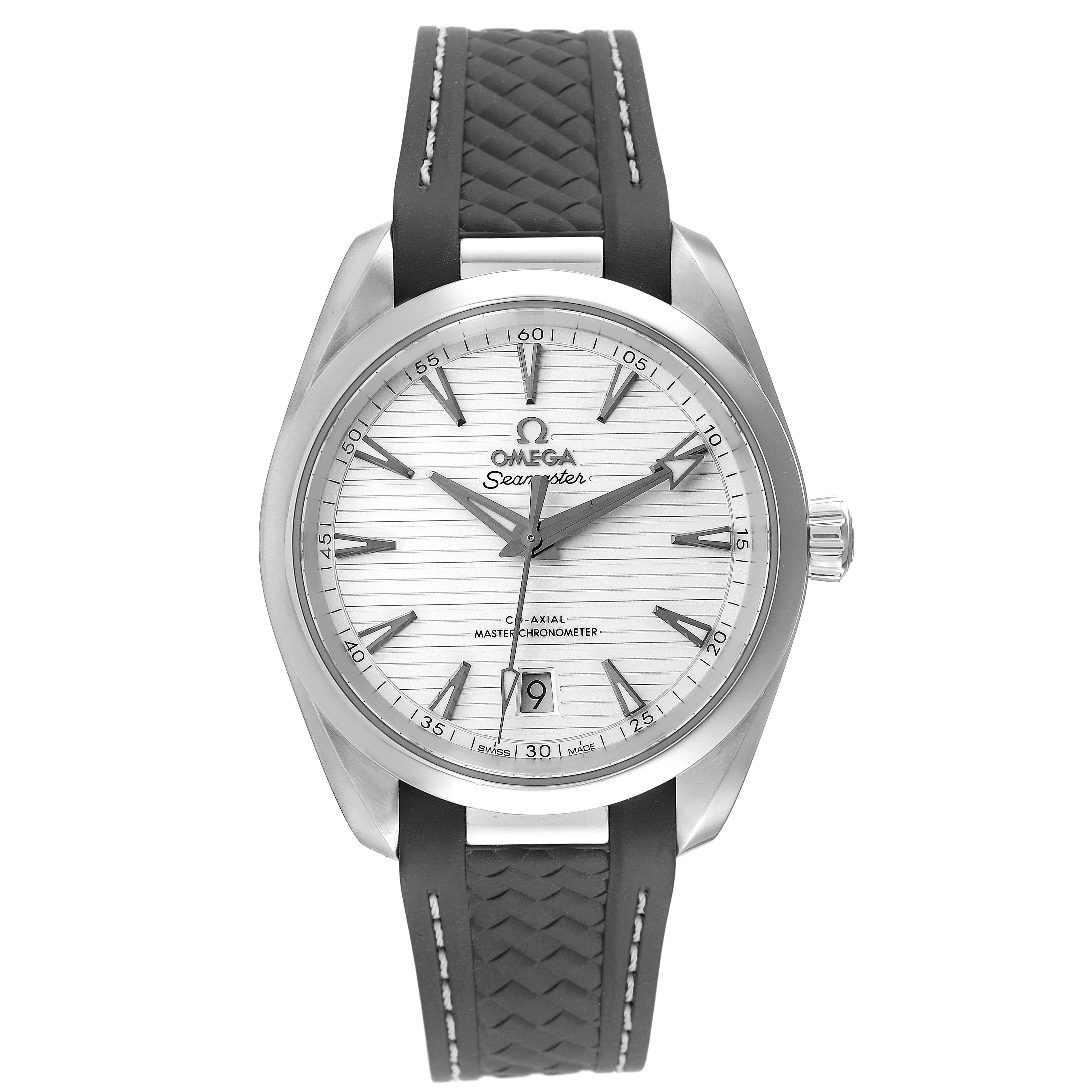 The image shows a front view of the Omega Aqua Terra 220.12.38.20.02.001 Men's Stainless Steel Silver Dial 220.12.38.20.02.001 Men's Stainless Steel Silver Dial watch, highlighting its face, dial, hands, and strap.