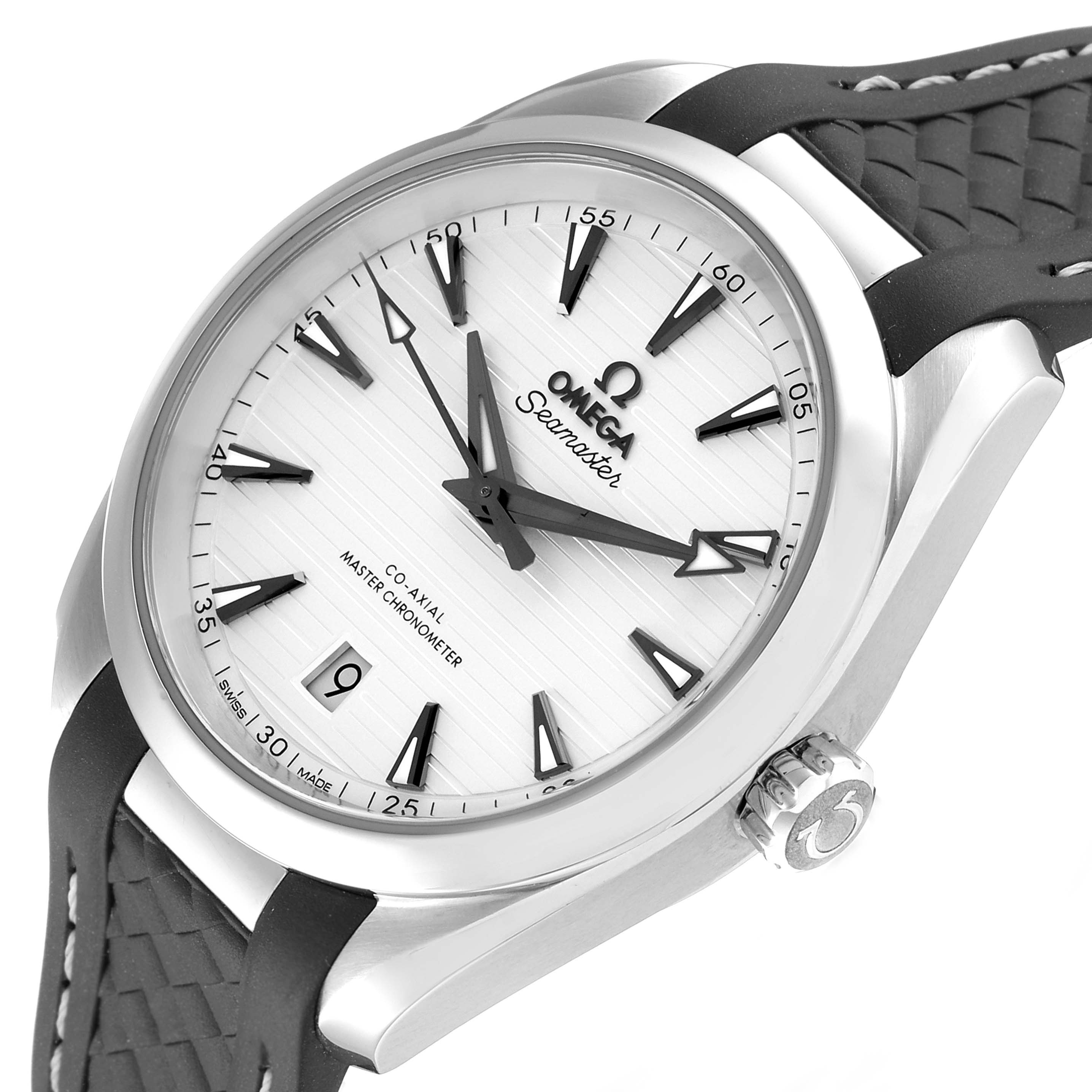 The image shows a close-up angle of the Omega Aqua Terra 220.12.38.20.02.001 Men's Stainless Steel Silver Dial 220.12.38.20.02.001 Men's Stainless Steel Silver Dial watch, showcasing its dial, bezel, crown, and part of the strap.