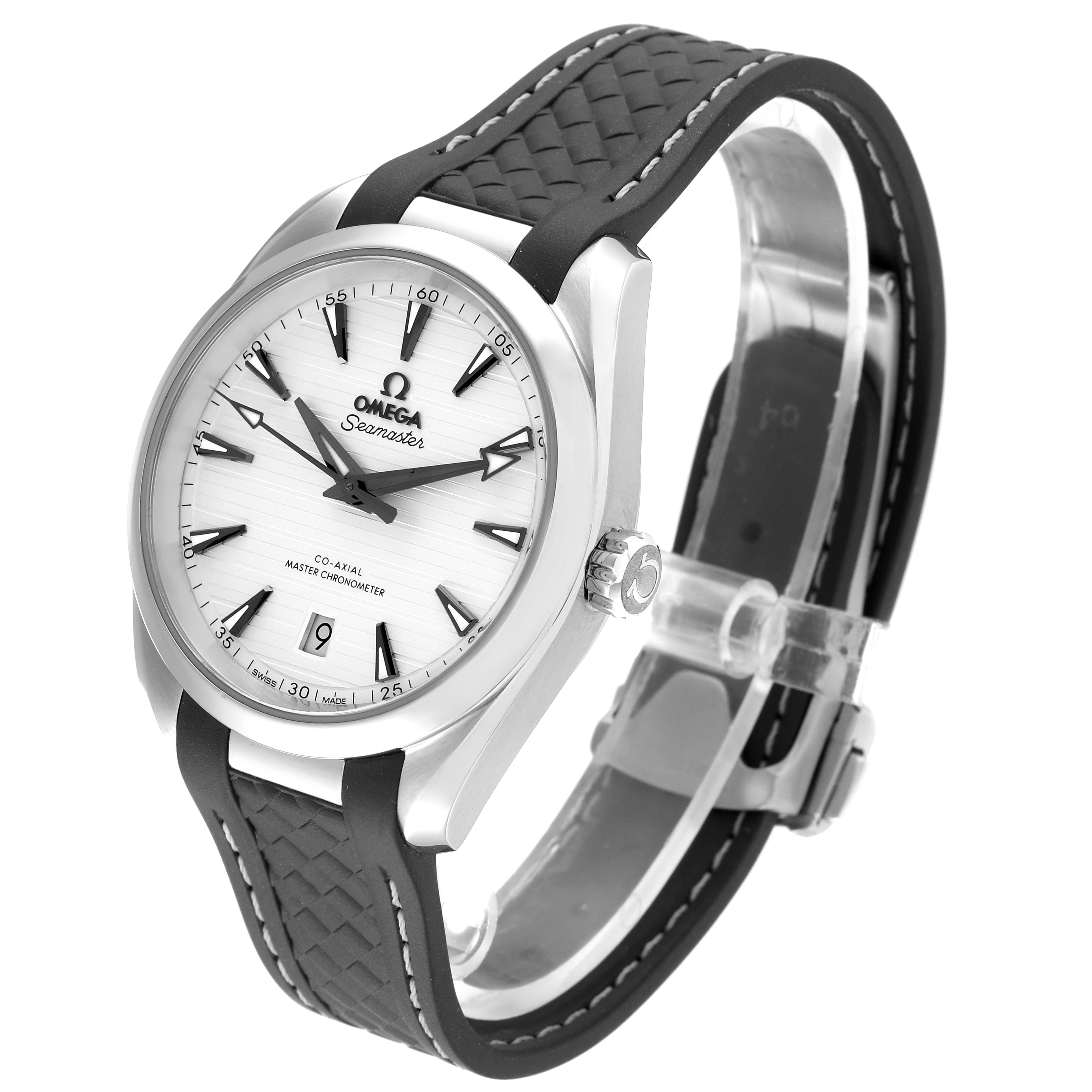 The image shows a three-quarter view of an Omega Aqua Terra 220.12.38.20.02.001 Men's Stainless Steel Silver Dial 220.12.38.20.02.001 Men's Stainless Steel Silver Dial watch, highlighting its dial, bezel, and strap.