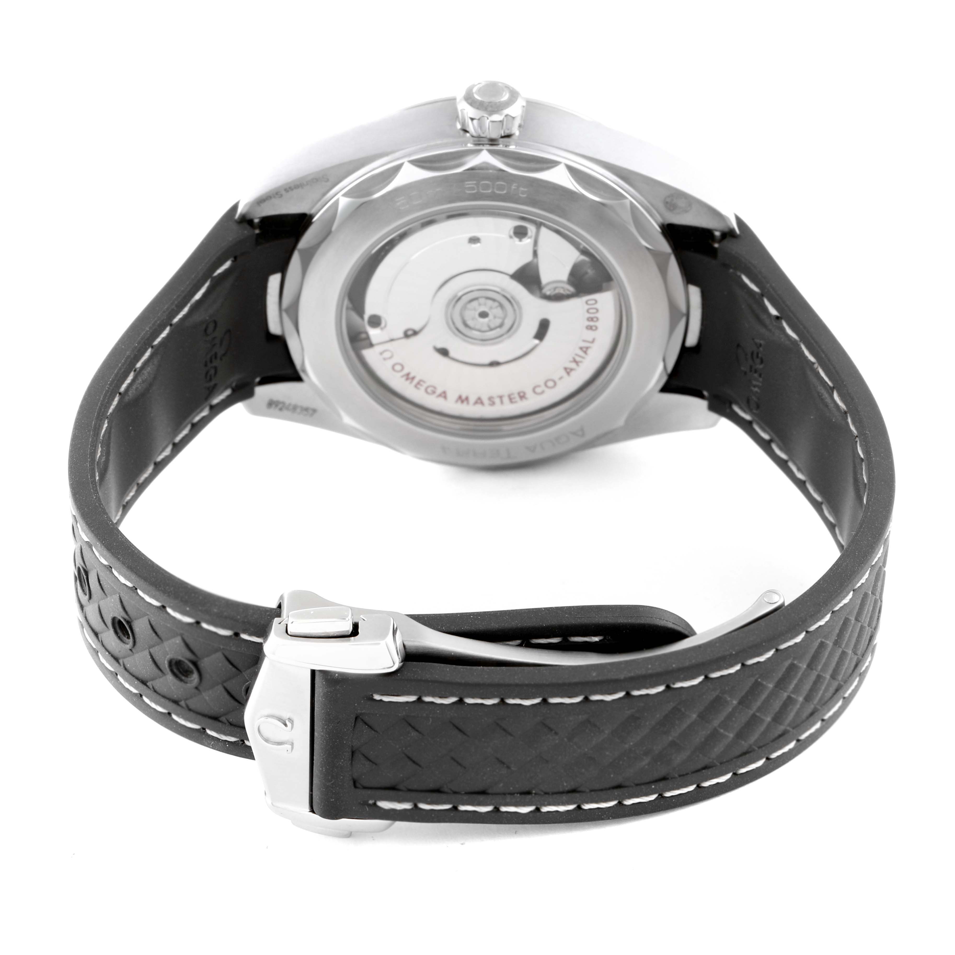 The image shows the back view of the Omega Aqua Terra 220.12.38.20.02.001 Men's Stainless Steel Silver Dial 220.12.38.20.02.001 Men's Stainless Steel Silver Dial watch, highlighting the movement through the transparent case back and black textured strap.