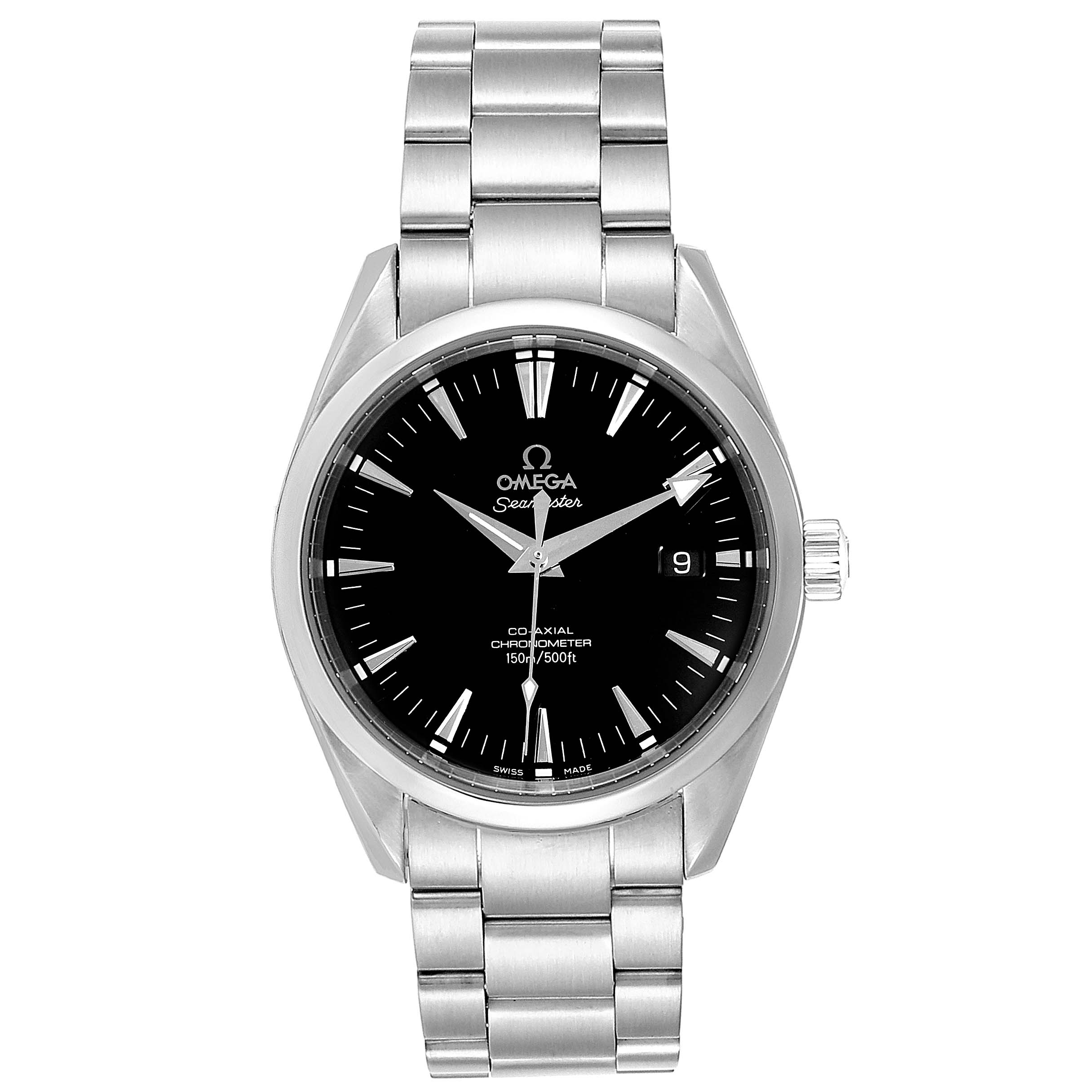 The image shows a frontal view of the Omega Aqua Terra 2503.50.00 Men
s Stainless Steel Black Dial 2503.50.00 Men
s Stainless Steel Black Dial watch, showcasing its black dial, date display, and stainless steel bracelet.