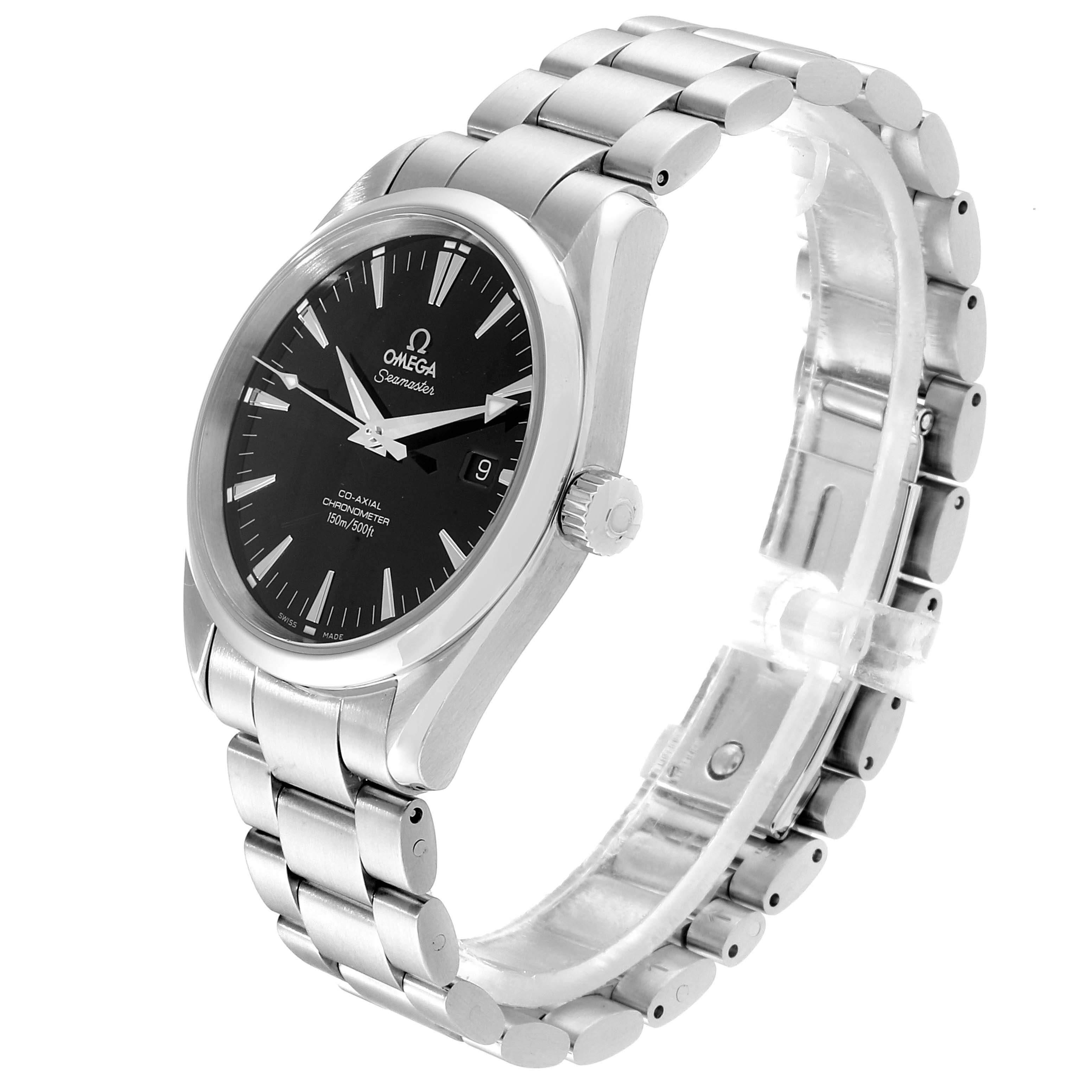 This image shows a side view of the Omega Aqua Terra 2503.50.00 Men
s Stainless Steel Black Dial 2503.50.00 Men
s Stainless Steel Black Dial watch, highlighting the black dial, stainless steel bracelet, and crown.