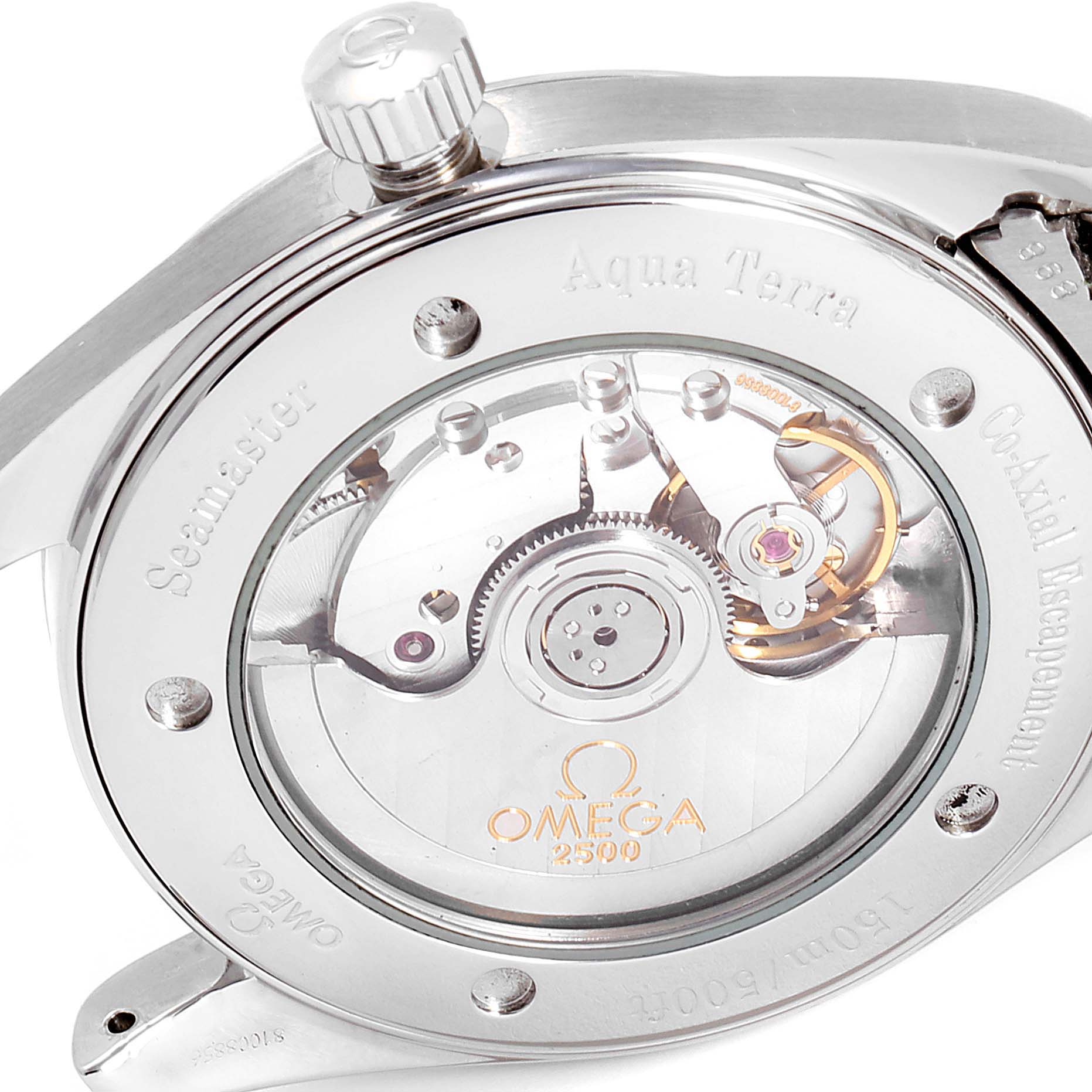 This image shows the back of the Omega Aqua Terra 2503.50.00 Men
s Stainless Steel Black Dial 2503.50.00 Men
s Stainless Steel Black Dial watch, highlighting its internal mechanism through the transparent case back.