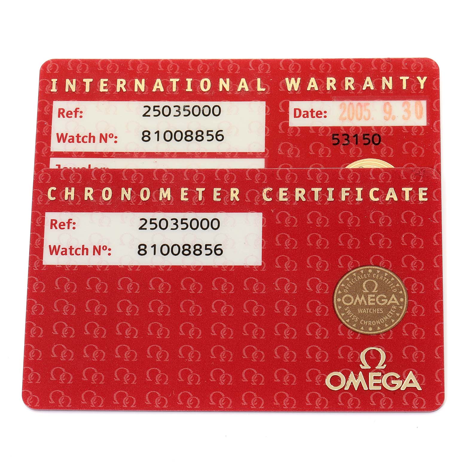 The image shows the International Warranty and Chronometer Certificate cards for the Omega Aqua Terra 2503.50.00 Men
s Stainless Steel Black Dial 2503.50.00 Men
s Stainless Steel Black Dial watch model.