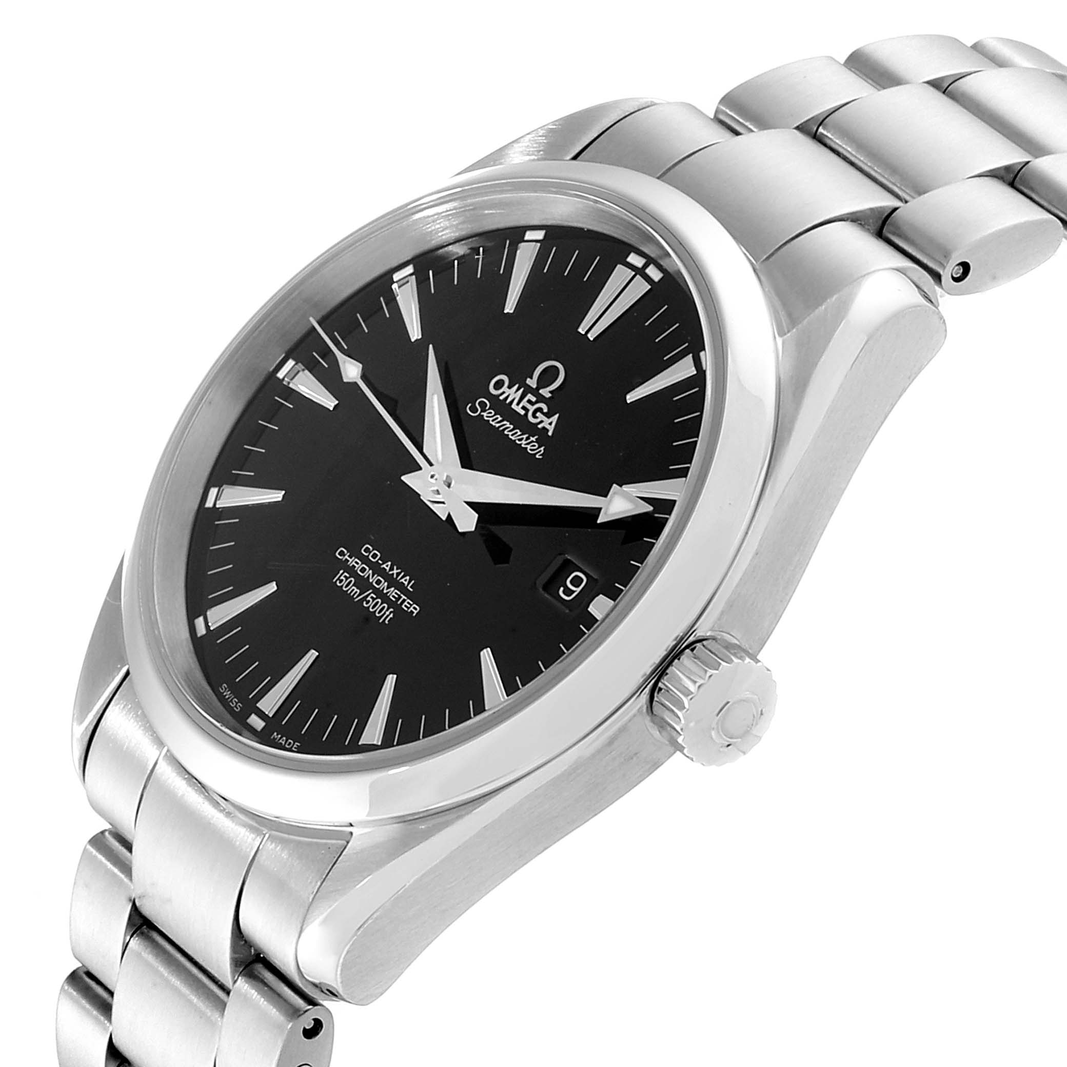 The image shows an angled view of the Omega Aqua Terra 2503.50.00 Men
s Stainless Steel Black Dial 2503.50.00 Men
s Stainless Steel Black Dial watch, highlighting its face, crown, and part of the bracelet.