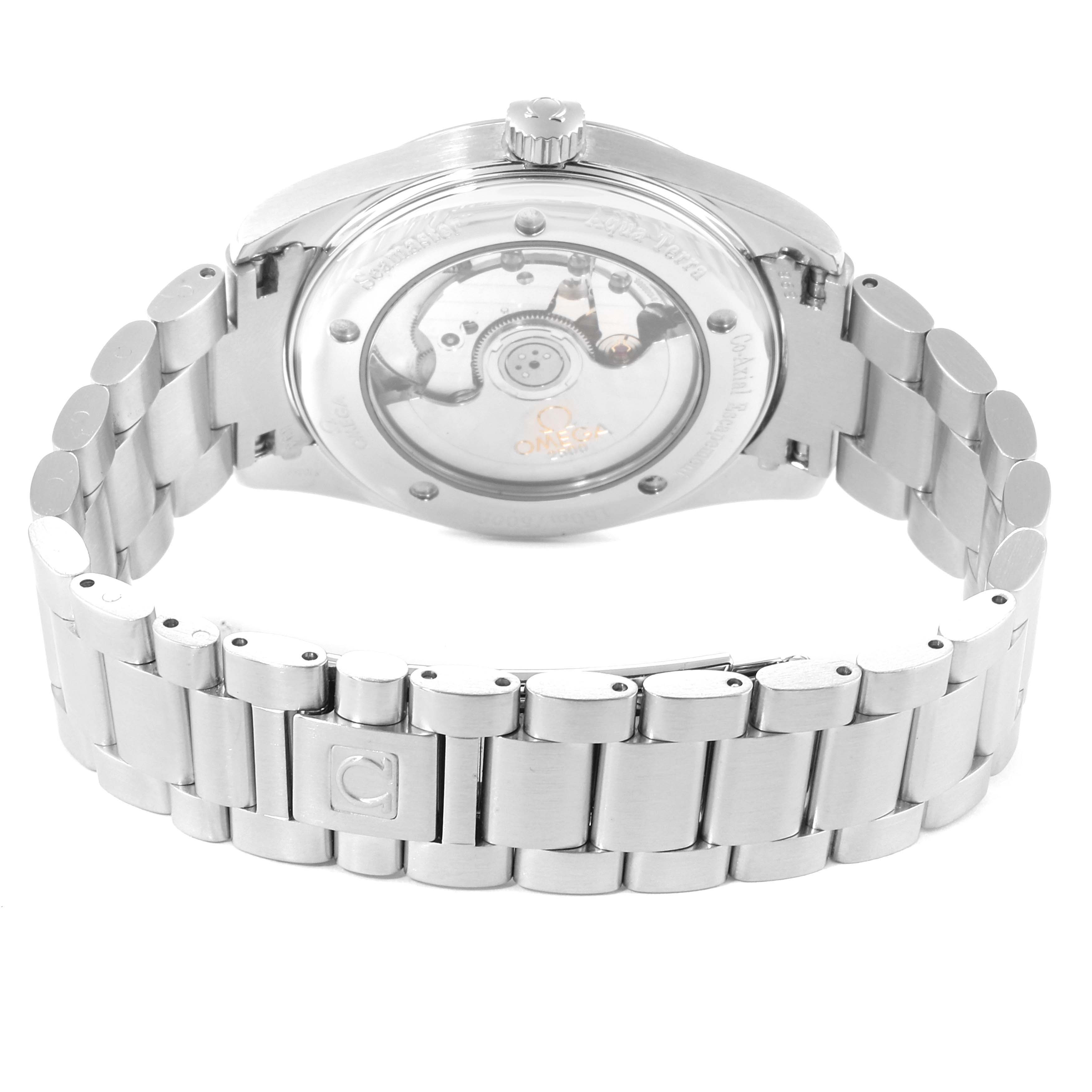 The image shows the back view of the Omega Aqua Terra 2503.50.00 Men
s Stainless Steel Black Dial 2503.50.00 Men
s Stainless Steel Black Dial watch, highlighting its transparent case back and bracelet.