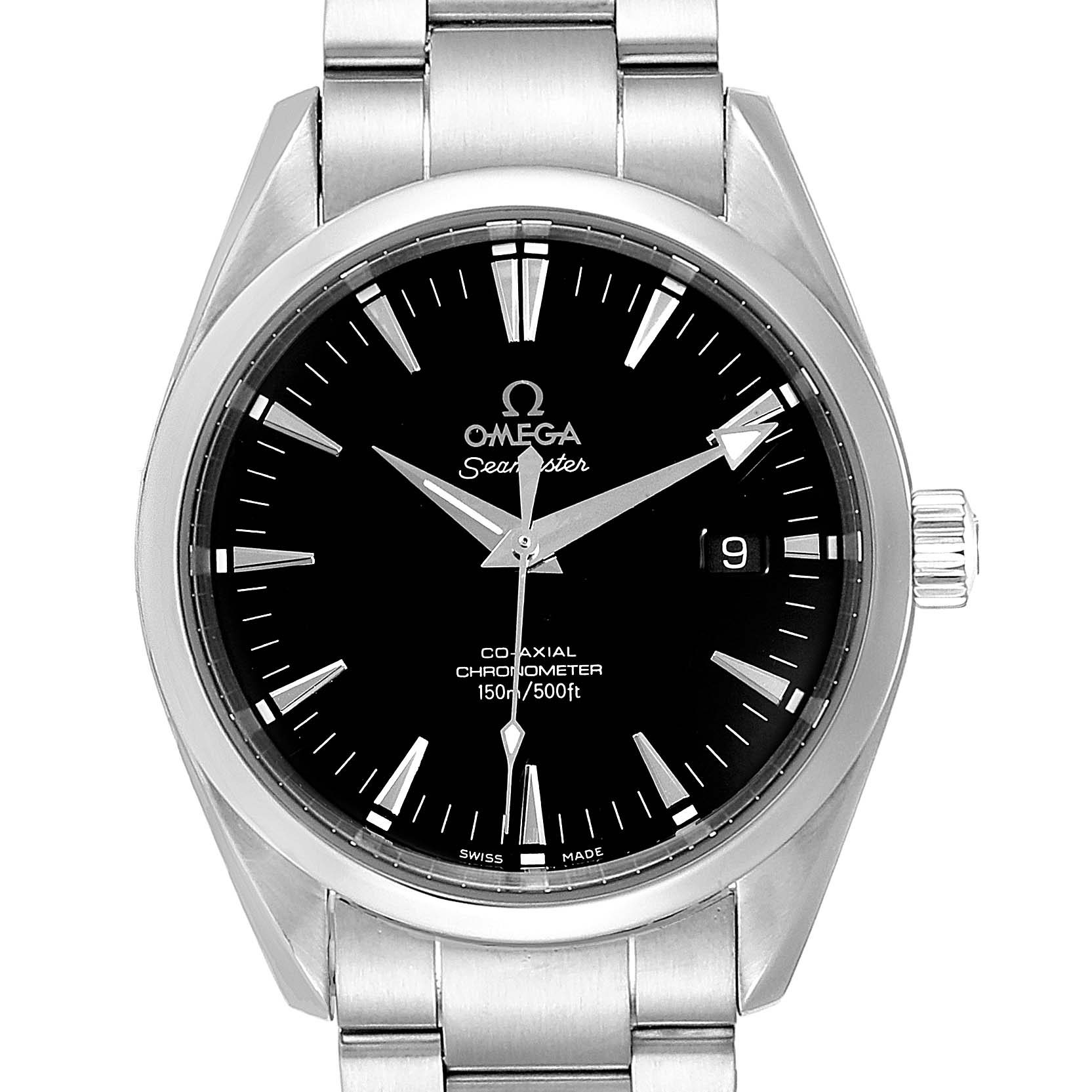 This image shows a frontal view of an Omega Aqua Terra 2503.50.00 Men
s Stainless Steel Black Dial 2503.50.00 Men
s Stainless Steel Black Dial watch, featuring its face, bezel, crown, and part of the metal bracelet.
