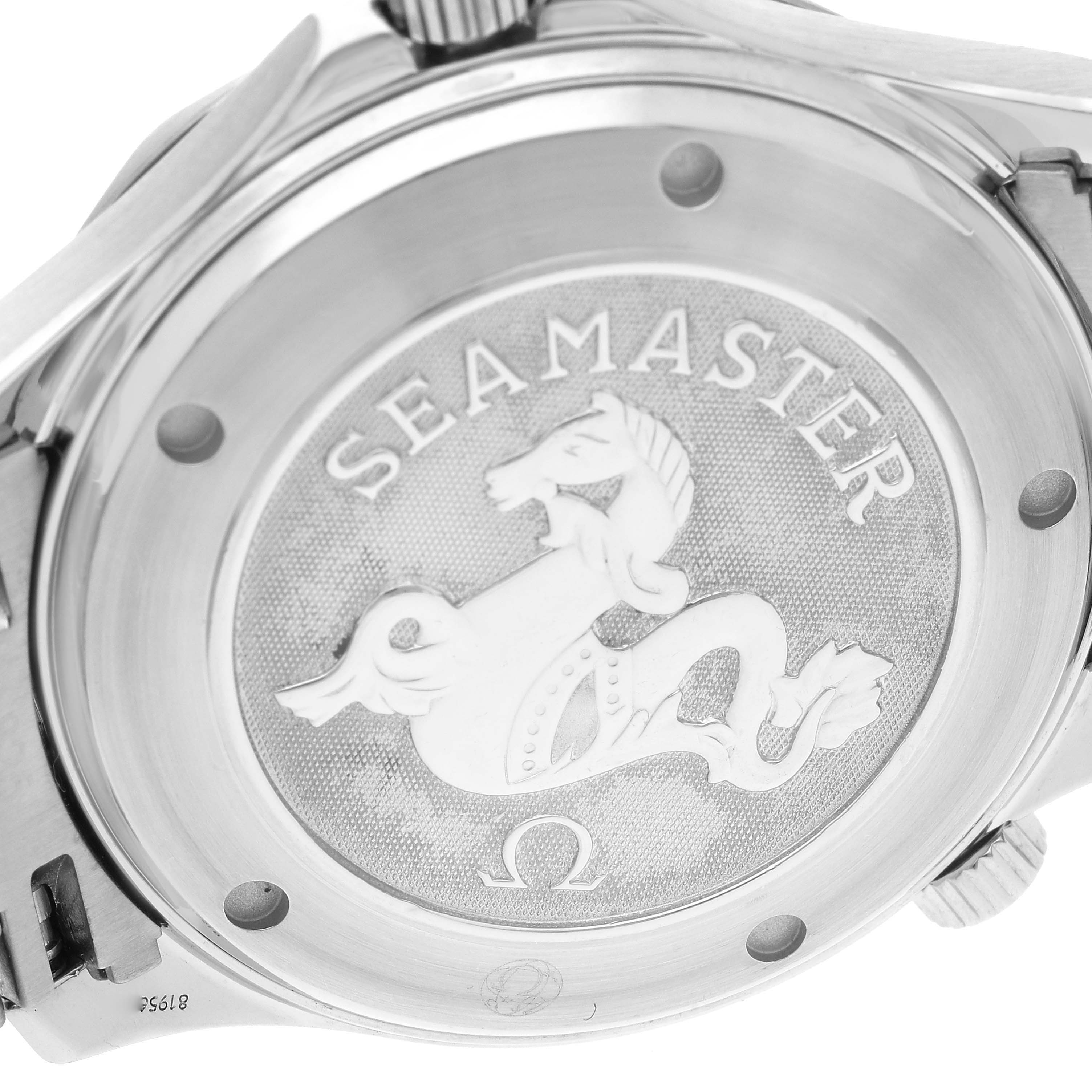 The image shows the back case of an Omega Seamaster 212.30.41.20.01.002 Men
s Stainless Steel Black Dial 212.30.41.20.01.002 Men
s Stainless Steel Black Dial watch, featuring the Seamaster logo and textured detailing.