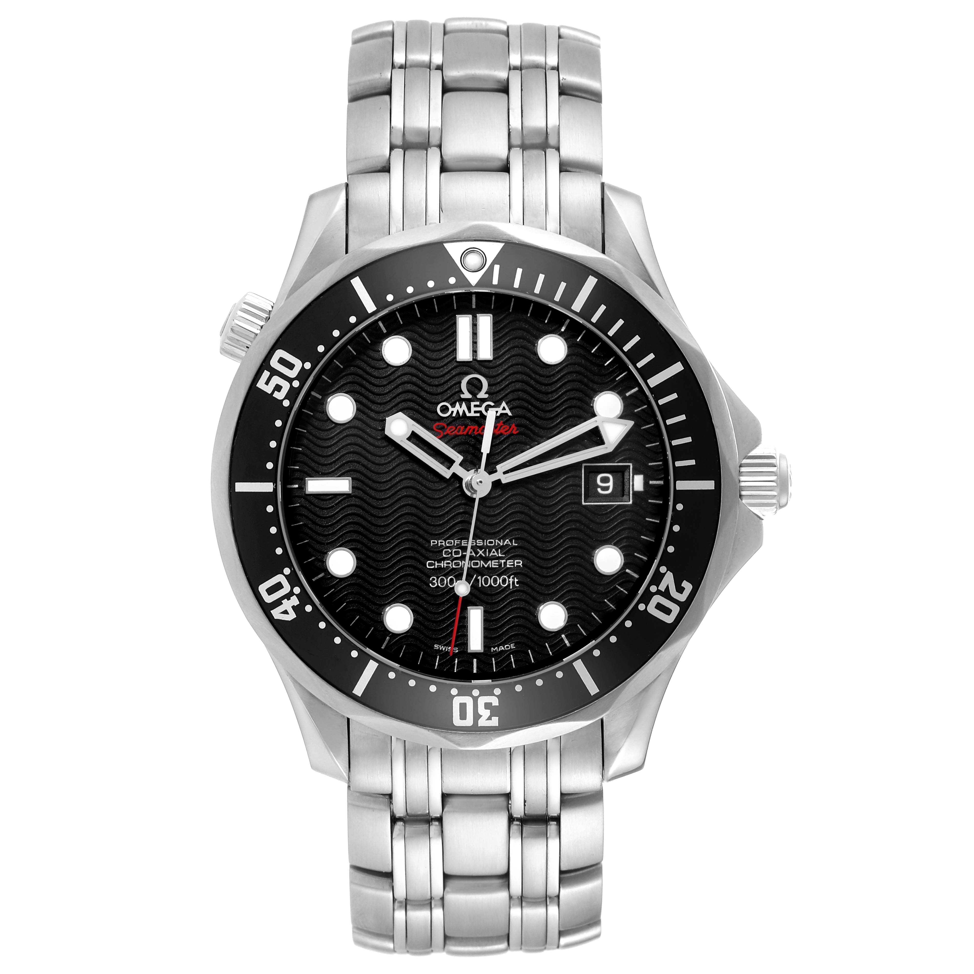 The Omega Seamaster 212.30.41.20.01.002 Men
s Stainless Steel Black Dial 212.30.41.20.01.002 Men
s Stainless Steel Black Dial watch is shown from a front angle, displaying its face, bezel, and metal bracelet.