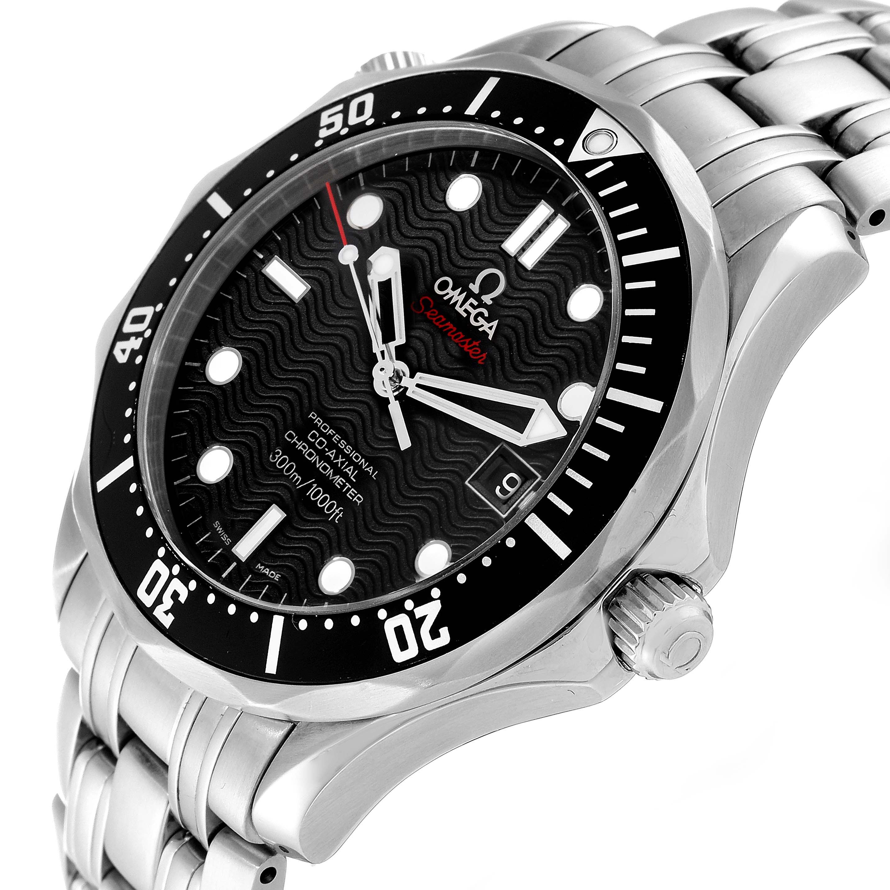 This Omega Seamaster 212.30.41.20.01.002 Men
s Stainless Steel Black Dial 212.30.41.20.01.002 Men
s Stainless Steel Black Dial watch is displayed at a slight angle showcasing the face, bezel, crown, and metal bracelet.