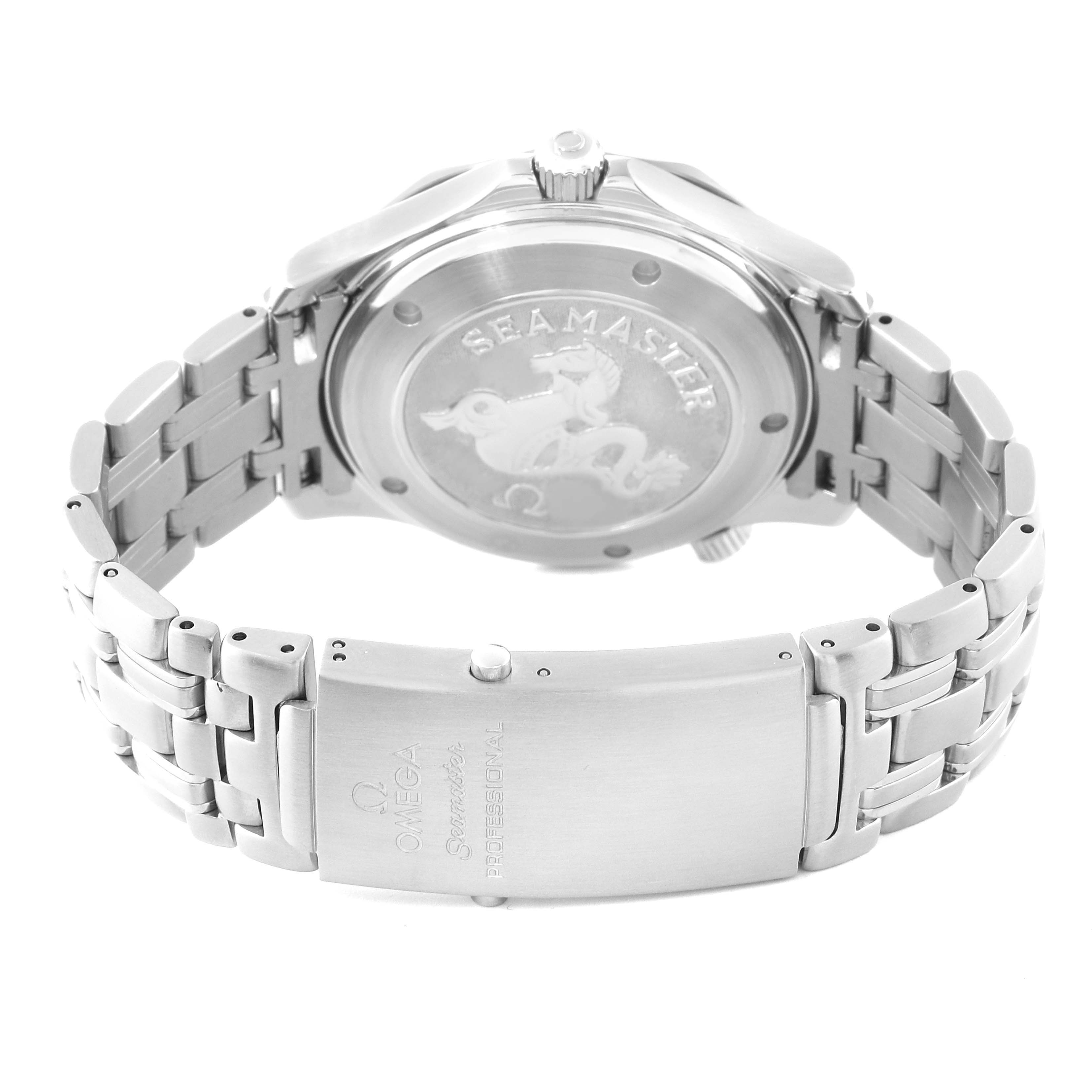 The image shows the back case and metal bracelet of an Omega Seamaster 212.30.41.20.01.002 Men
s Stainless Steel Black Dial 212.30.41.20.01.002 Men
s Stainless Steel Black Dial watch, focusing on the engraved seal and clasp.