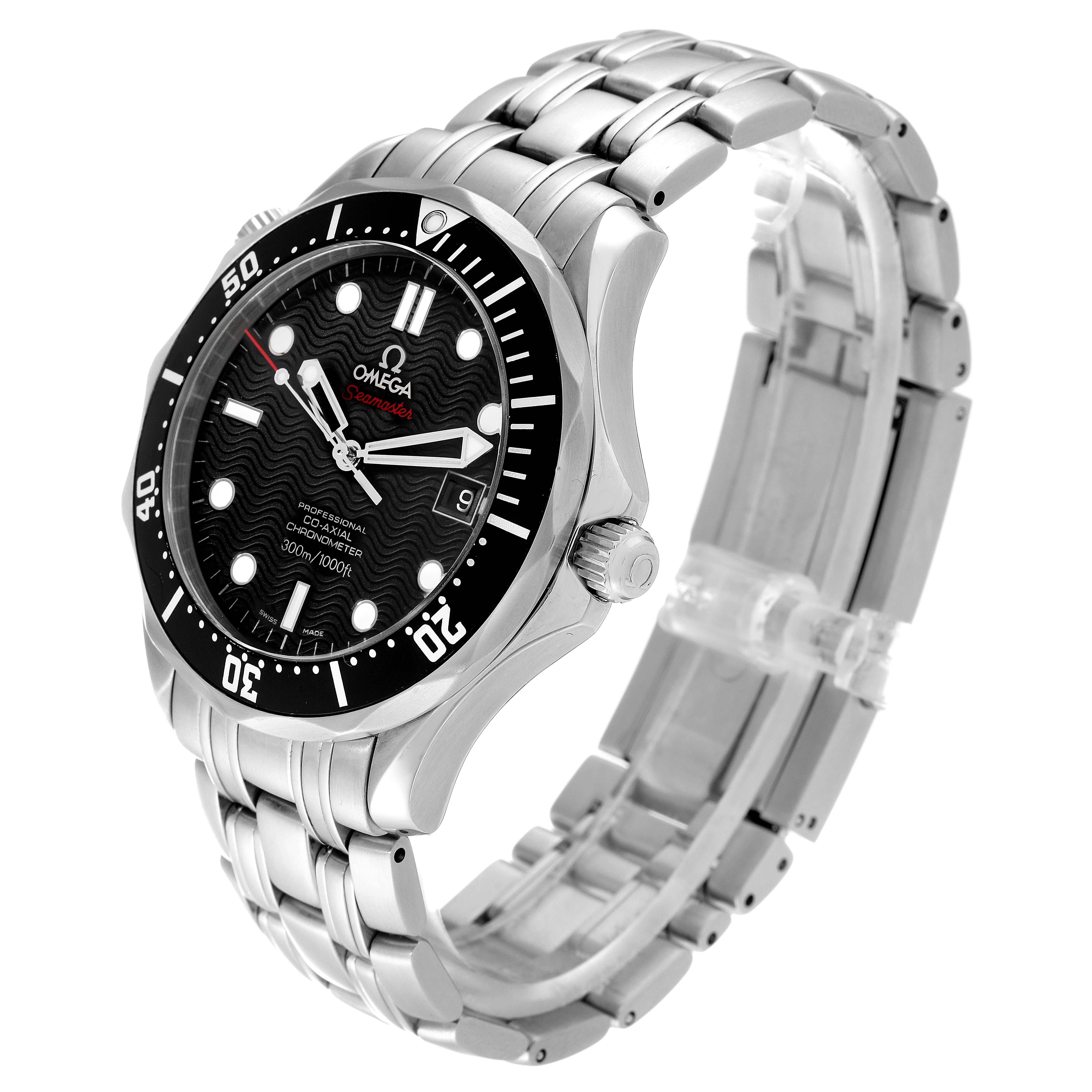 The image shows an Omega Seamaster 212.30.41.20.01.002 Men
s Stainless Steel Black Dial 212.30.41.20.01.002 Men
s Stainless Steel Black Dial watch from a front angle, highlighting its bezel, dial, crown, and bracelet.