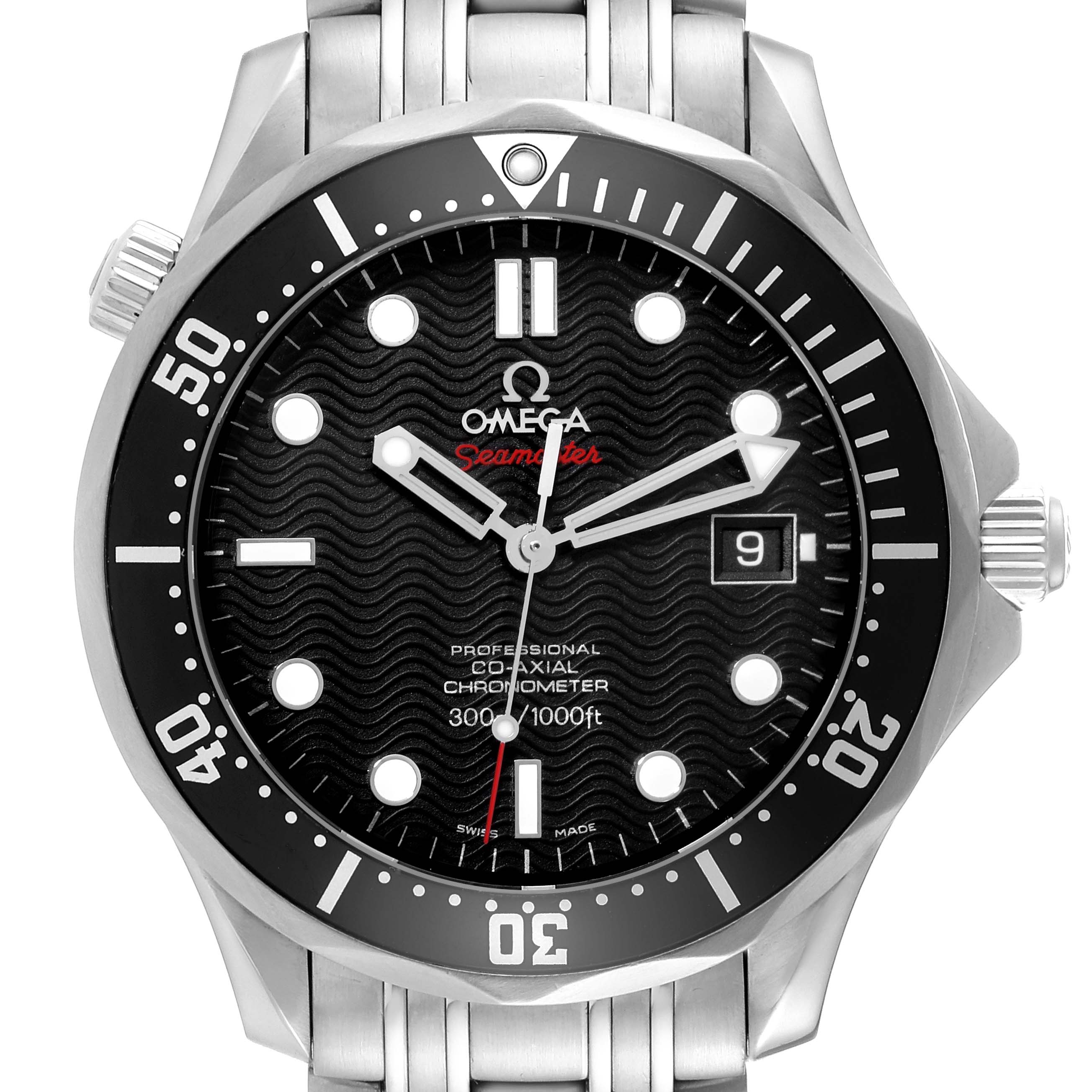 The image shows a front view of the Omega Seamaster 212.30.41.20.01.002 Men
s Stainless Steel Black Dial 212.30.41.20.01.002 Men
s Stainless Steel Black Dial watch, including the dial, bezel, and part of the metal bracelet.