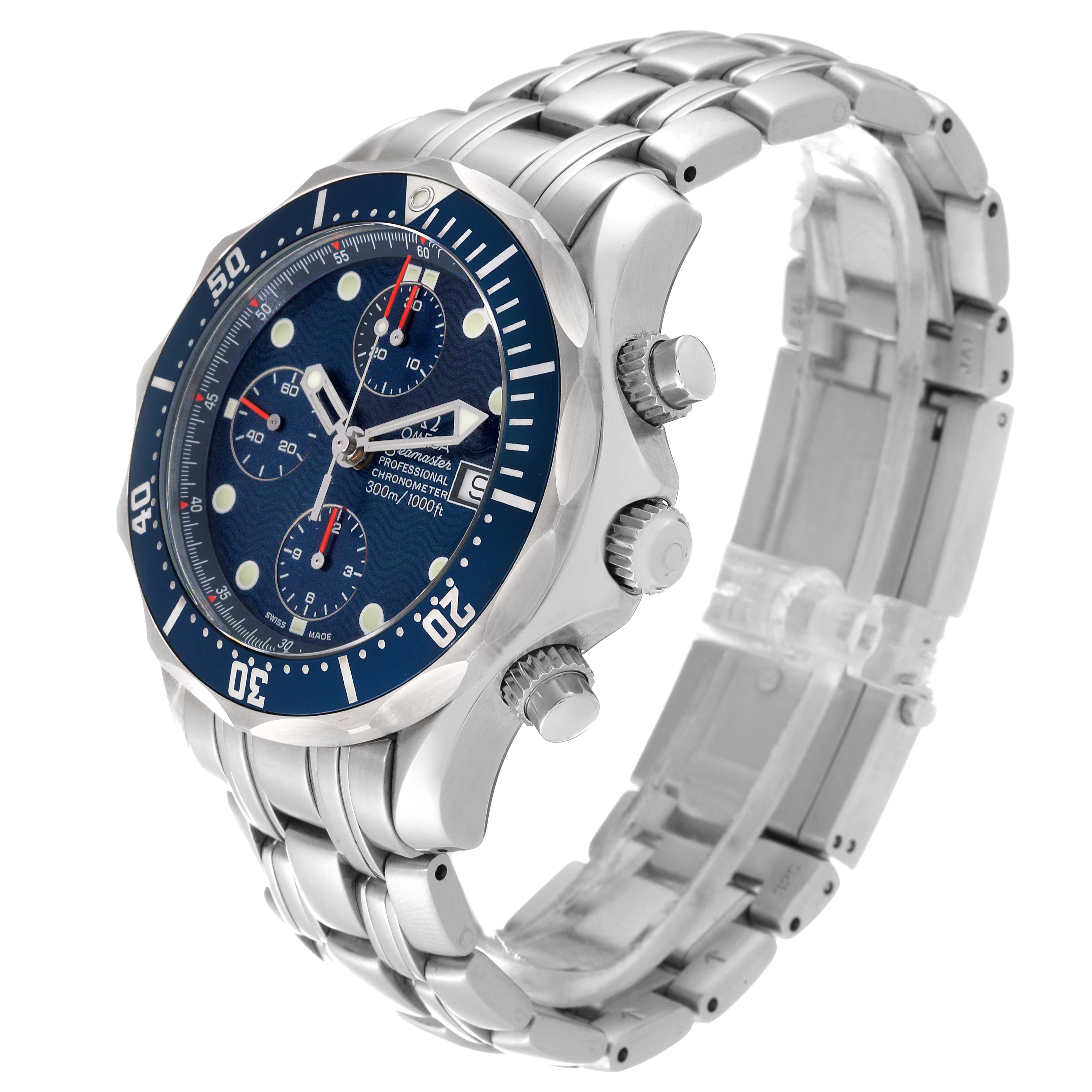 The Omega Seamaster 2599.80.00 Men
s Stainless Steel Blue Dial 2599.80.00 Men
s Stainless Steel Blue Dial watch is shown at an angle displaying its face, crown, chronograph buttons, and bracelet.