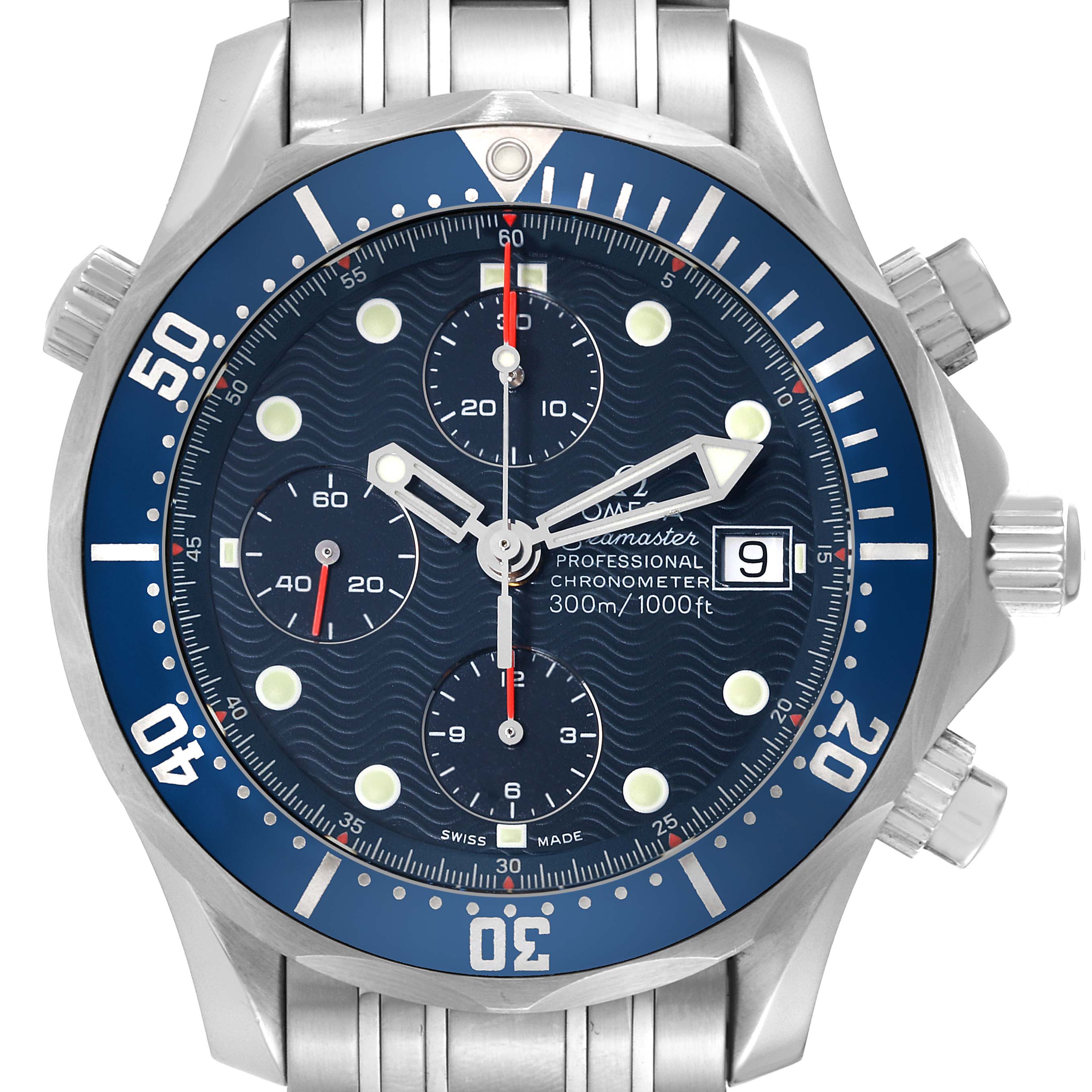 The image shows a front view of an Omega Seamaster 2599.80.00 Men
s Stainless Steel Blue Dial 2599.80.00 Men
s Stainless Steel Blue Dial watch, highlighting its face, bezel, and three subdials.