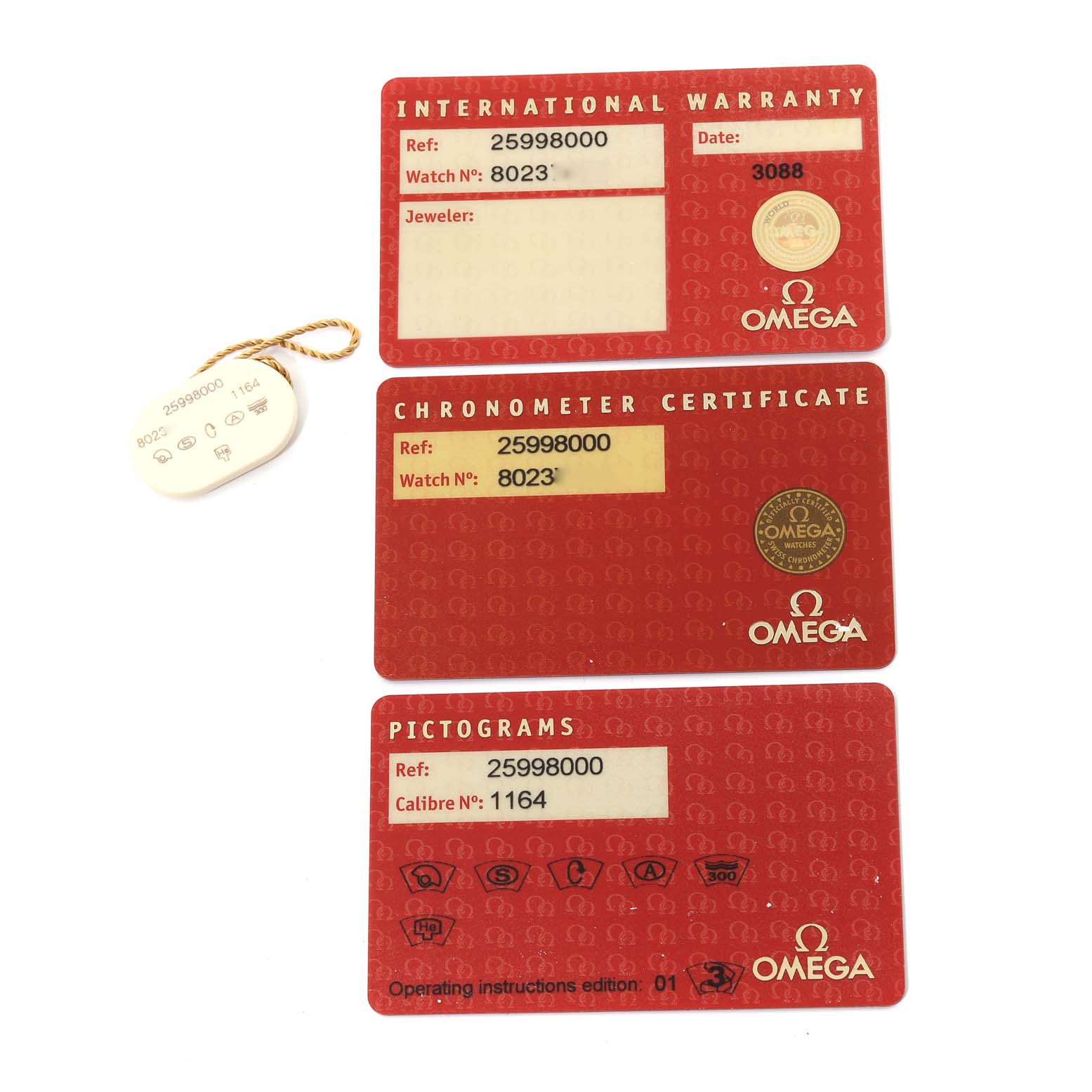 The image shows the International Warranty, Chronometer Certificate, and Pictograms cards for an Omega Seamaster 2599.80.00 Men
s Stainless Steel Blue Dial 2599.80.00 Men
s Stainless Steel Blue Dial watch.