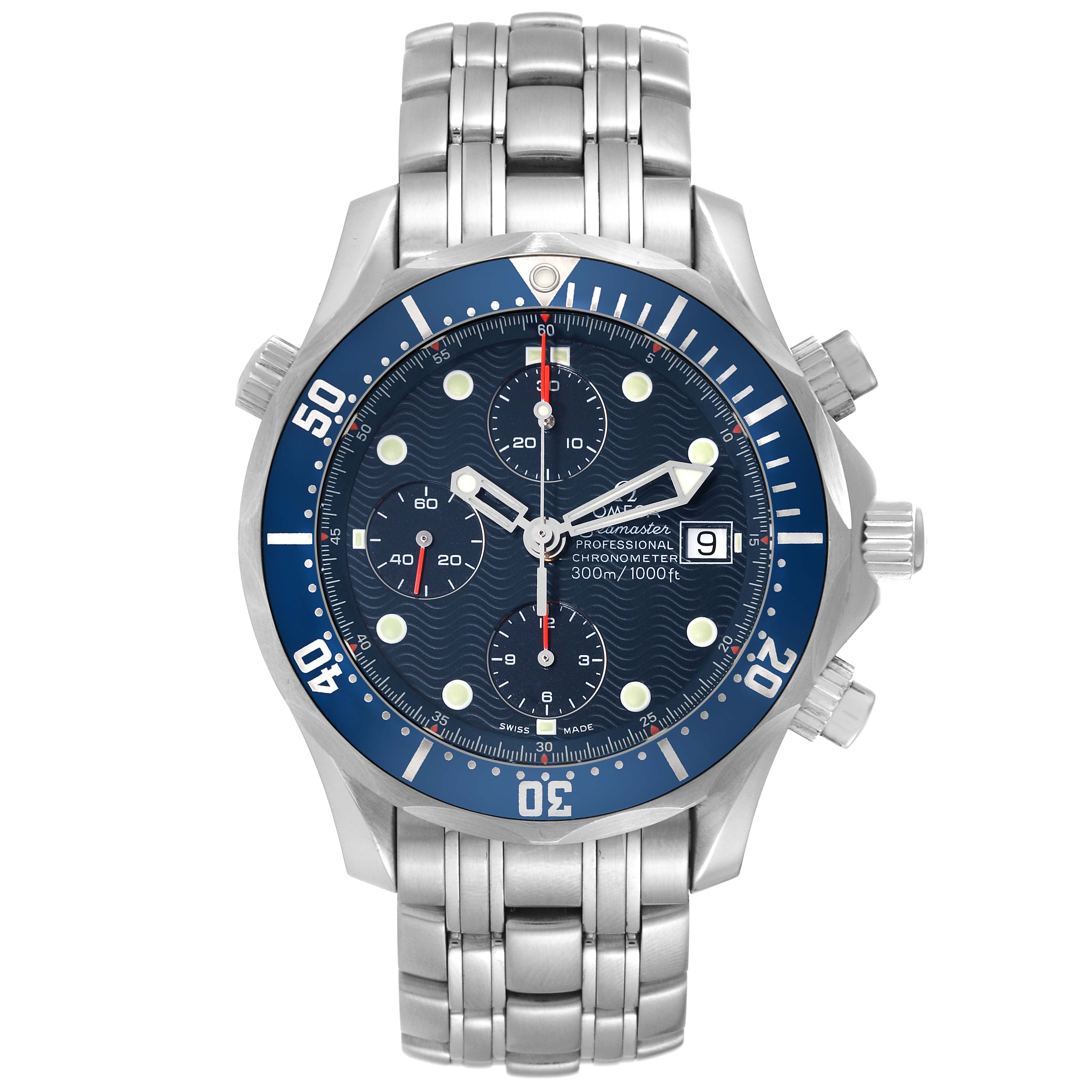 This is a front view of the Omega Seamaster 2599.80.00 Men
s Stainless Steel Blue Dial 2599.80.00 Men
s Stainless Steel Blue Dial watch showing the dial, bezel, chronograph subdials, date window, and bracelet.