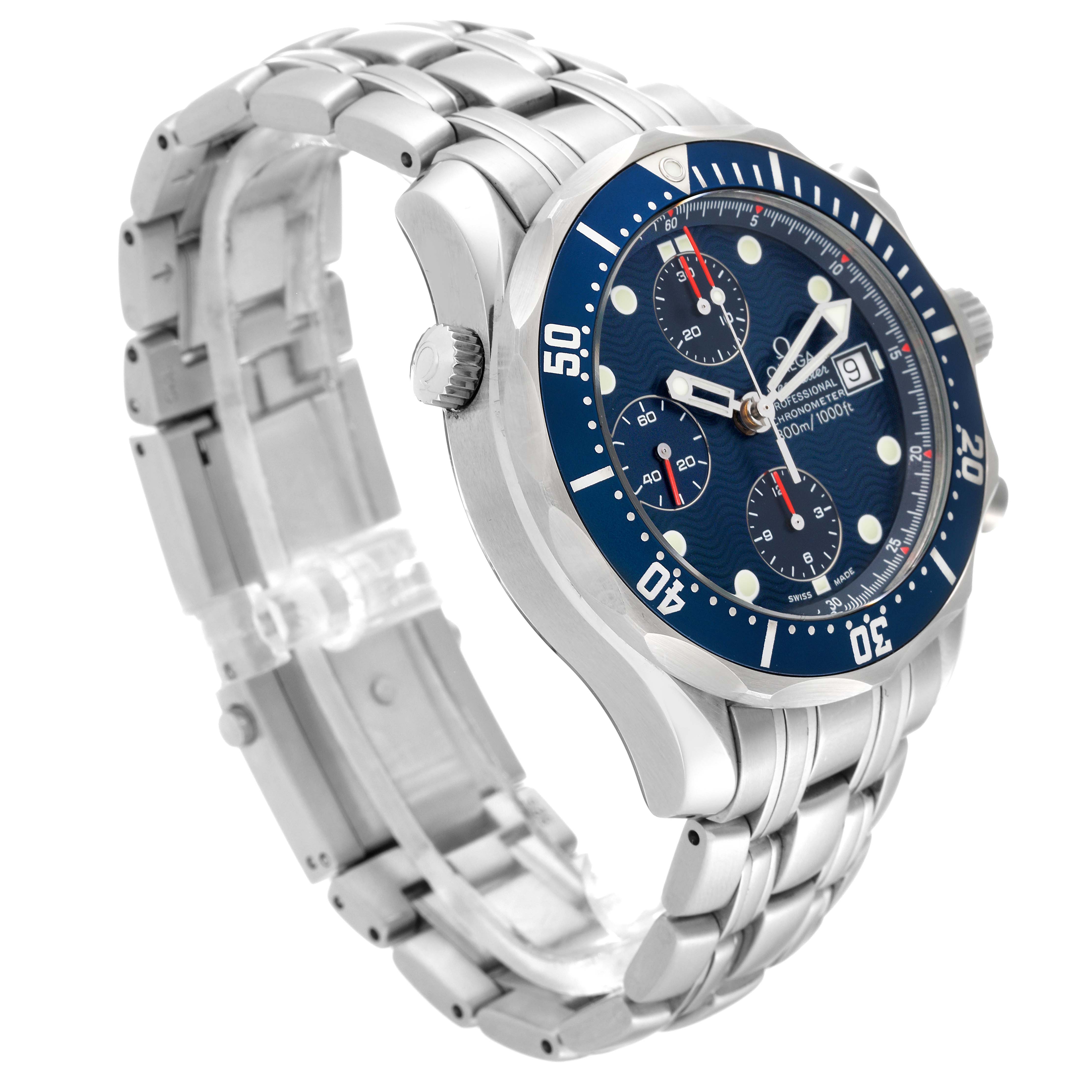 The image shows a side and front view of the Omega Seamaster 2599.80.00 Men
s Stainless Steel Blue Dial 2599.80.00 Men
s Stainless Steel Blue Dial watch, highlighting its blue dial, bezel, and stainless steel bracelet.