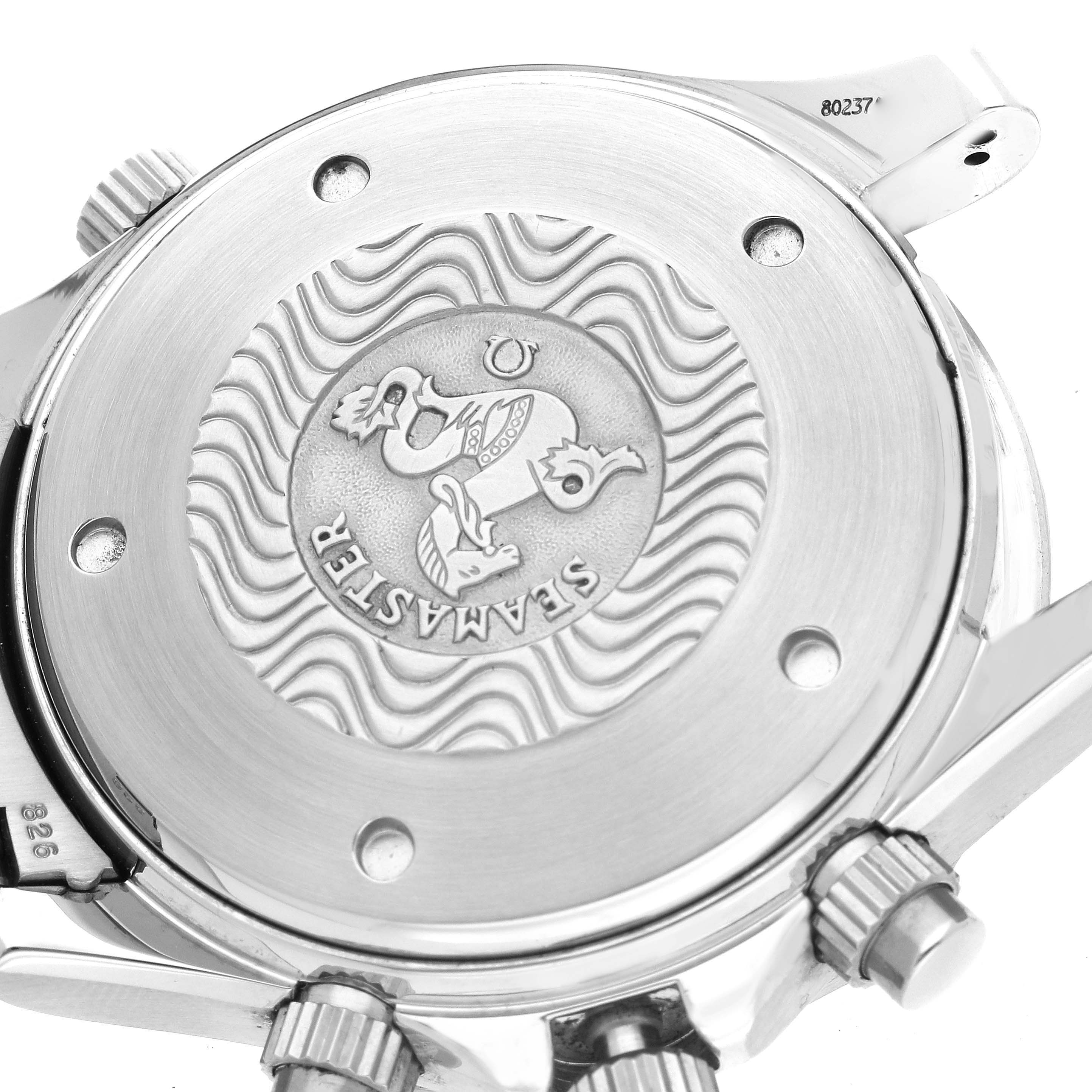 This image shows the case back and crown of an Omega Seamaster 2599.80.00 Men
s Stainless Steel Blue Dial 2599.80.00 Men
s Stainless Steel Blue Dial watch, viewed from a slightly angled, partial rear perspective.