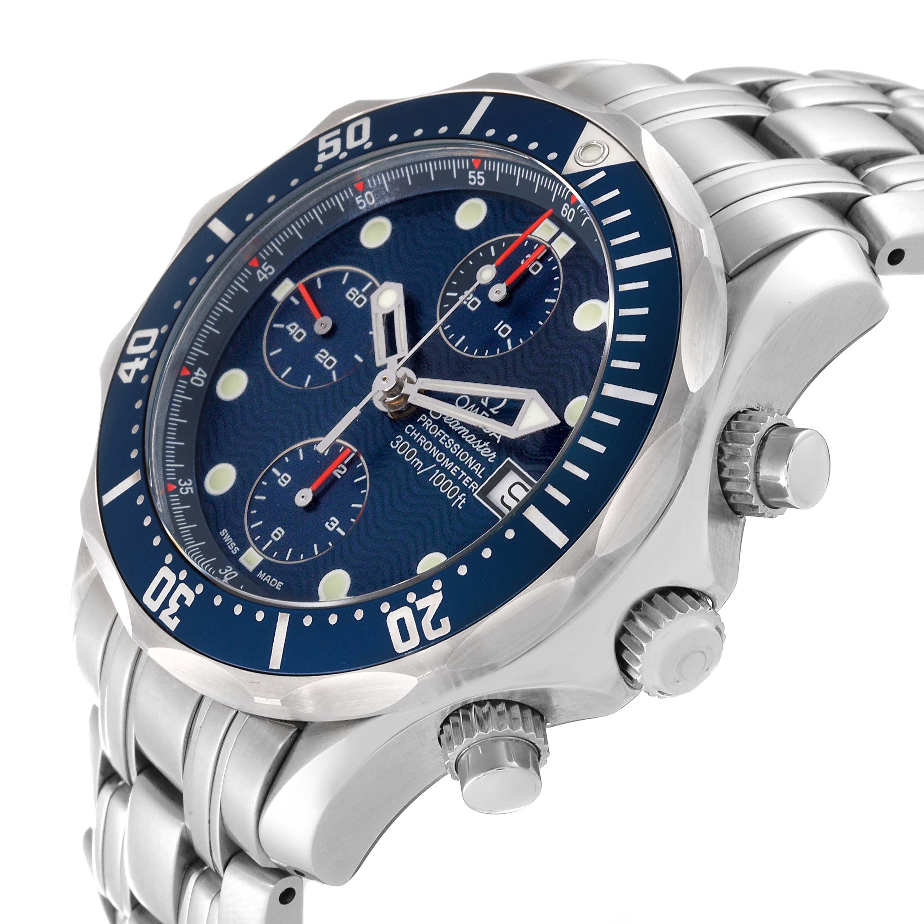 This image shows an Omega Seamaster 2599.80.00 Men
s Stainless Steel Blue Dial 2599.80.00 Men
s Stainless Steel Blue Dial watch from an angled side view, highlighting the bezel, crown, pushers, and part of the bracelet.