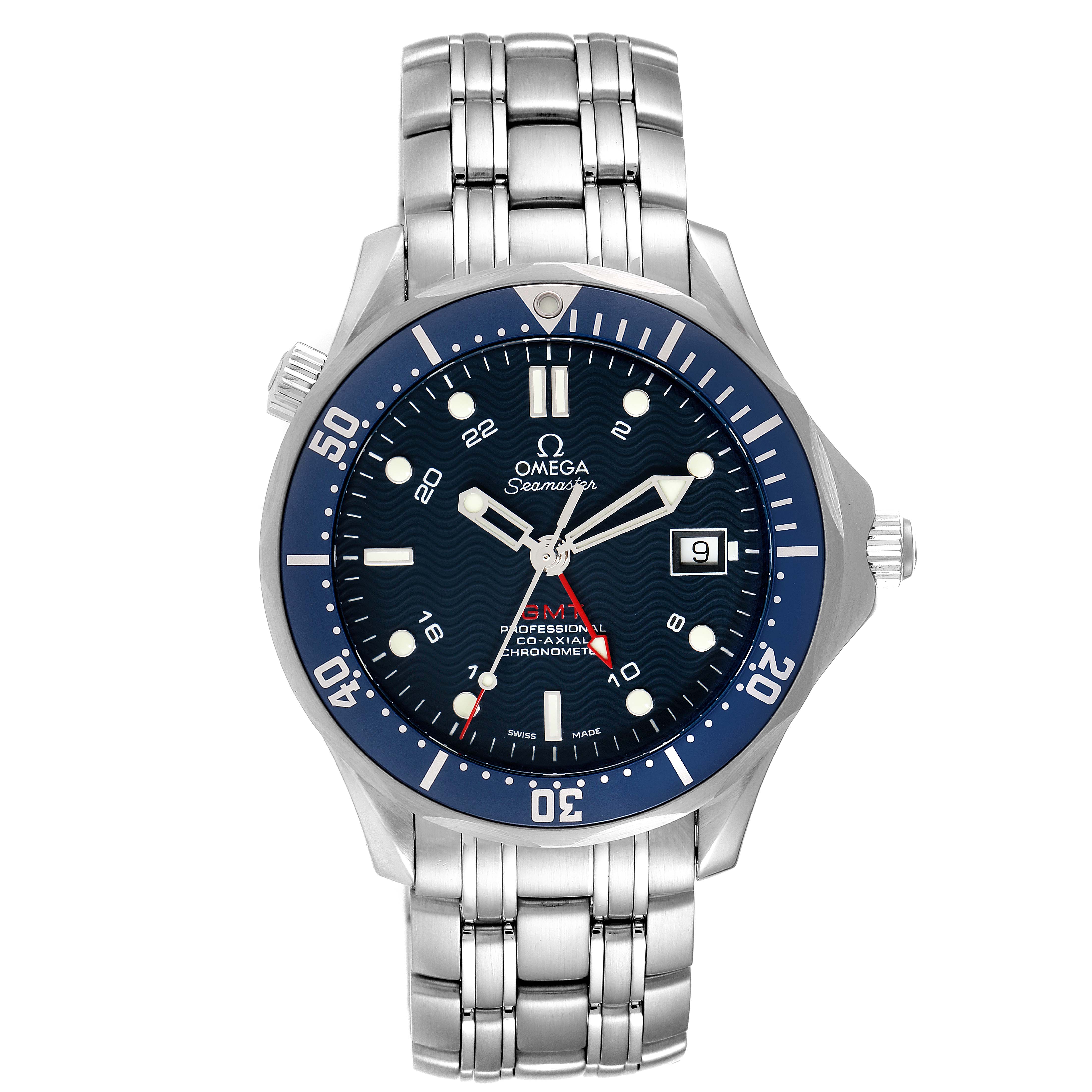 The Omega Seamaster 2535.80.00 Men's Stainless Steel Blue Dial 2535.80.00 Men's Stainless Steel Blue Dial watch is shown from a front angle, displaying its dial, bezel, and stainless steel bracelet.