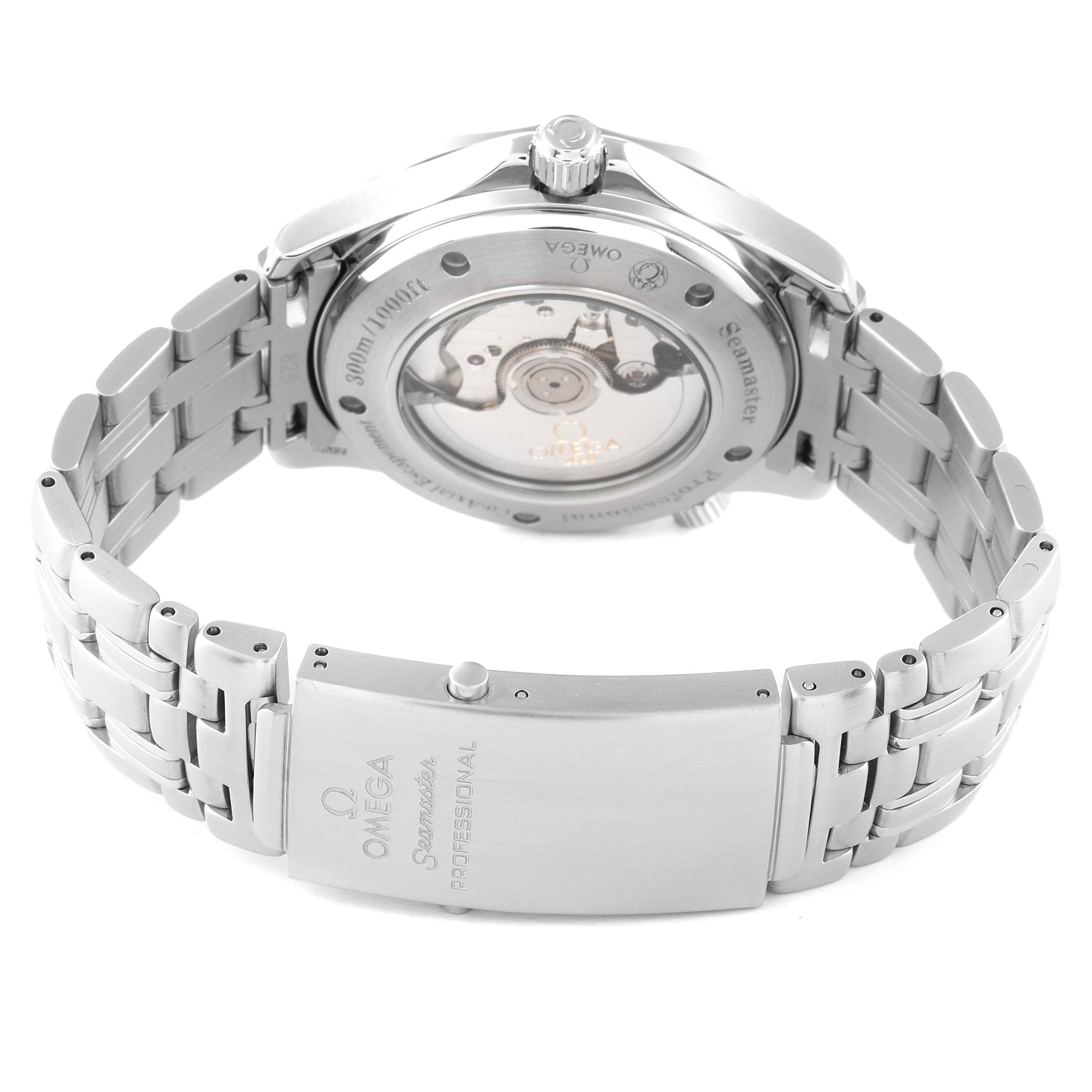 The image shows the back view of the Omega Seamaster 2535.80.00 Men's Stainless Steel Blue Dial 2535.80.00 Men's Stainless Steel Blue Dial watch, highlighting its transparent case back, bracelet, and clasp.