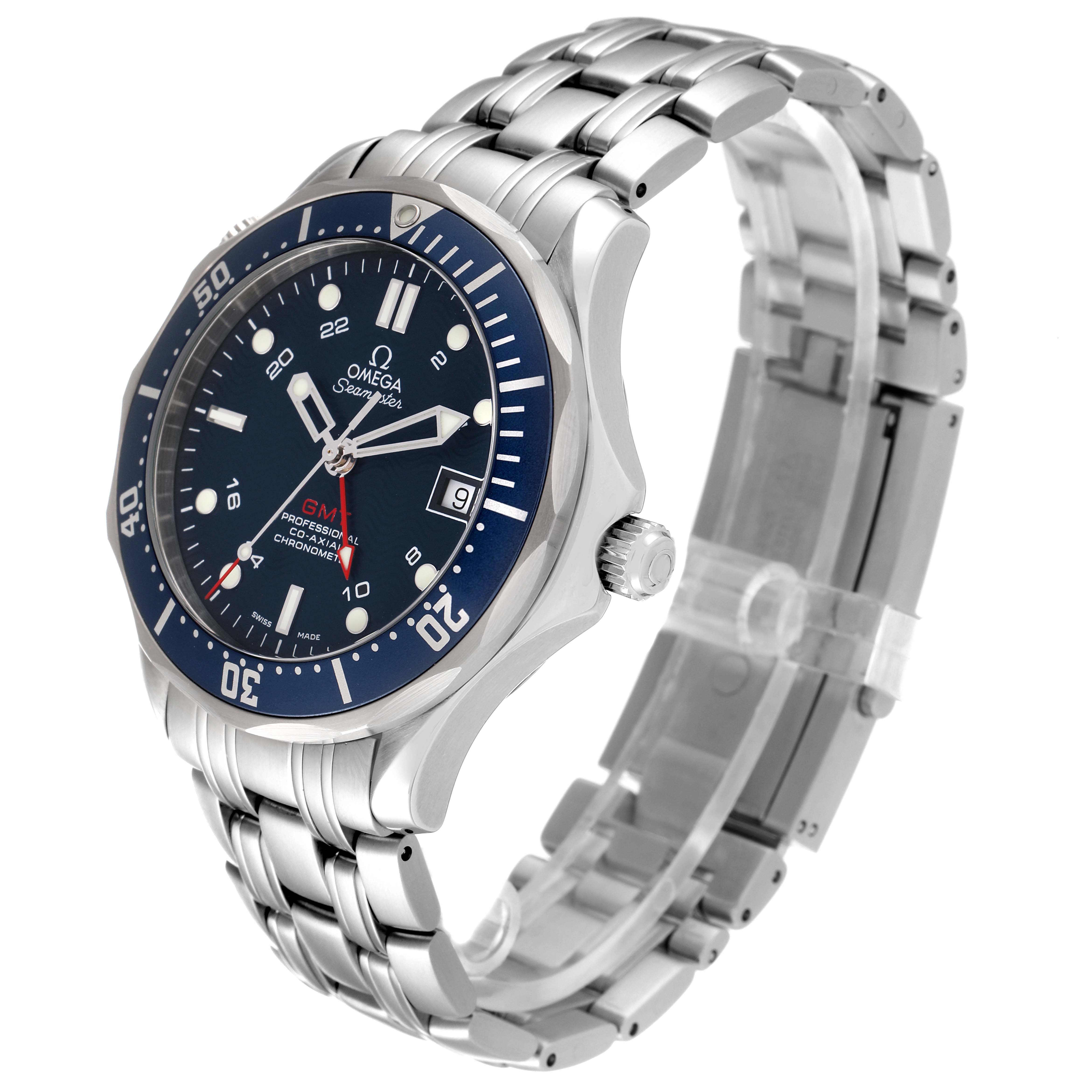 The Omega Seamaster 2535.80.00 Men's Stainless Steel Blue Dial 2535.80.00 Men's Stainless Steel Blue Dial watch is shown from a three-quarter angle, highlighting its blue dial, bezel, and stainless steel bracelet.